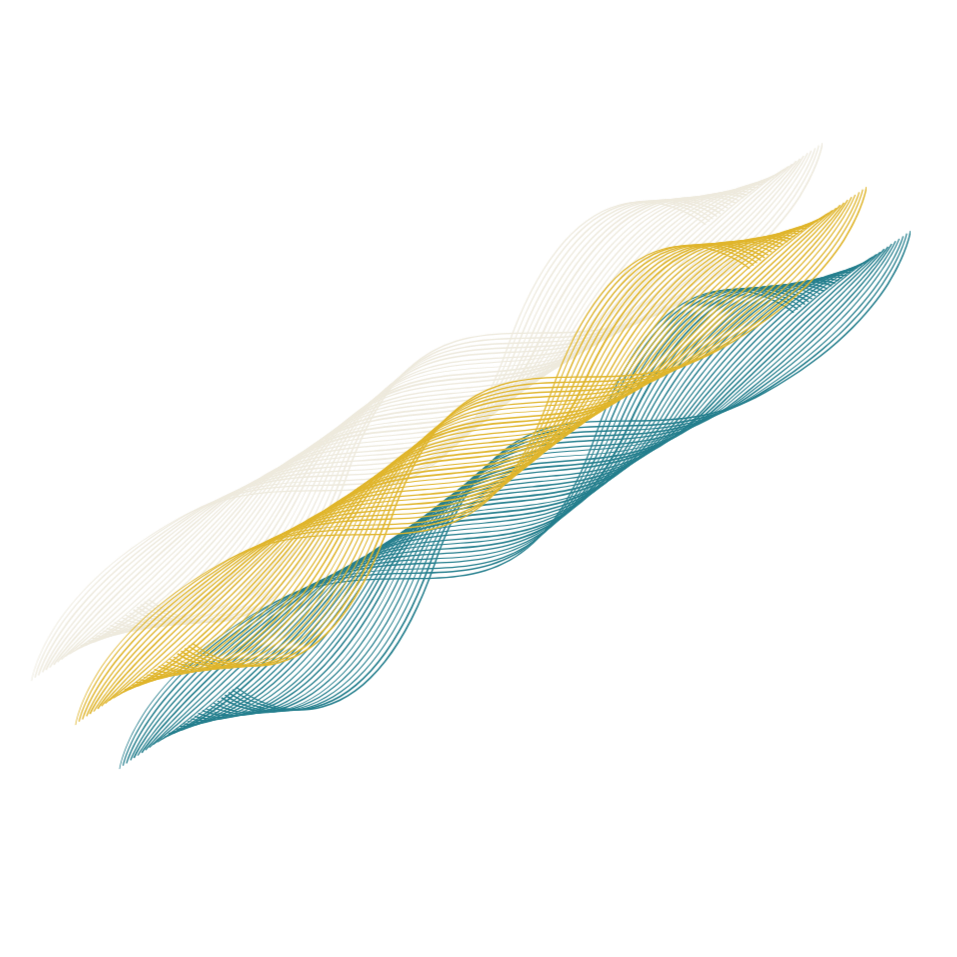 Abstract digital art with layered, wave-like shapes in shades of yellow, blue, and white.