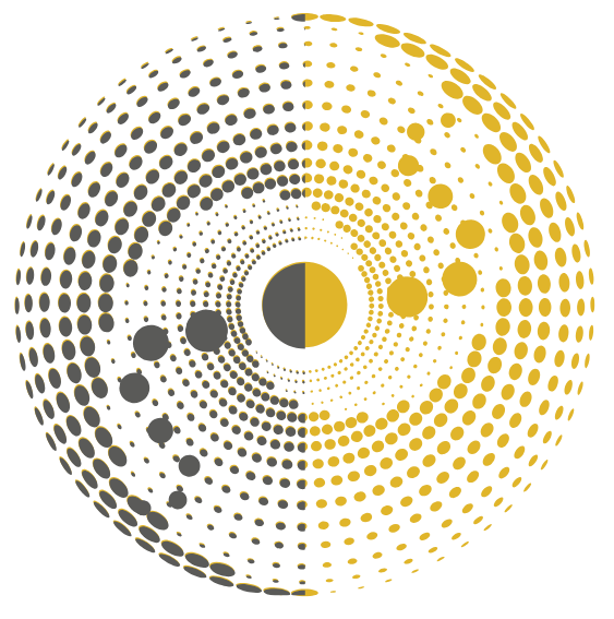 A digital representation of a fibonacci spiral with concentric circles of dots in gray and gold, depicting planets orbiting a central yellow sphere.