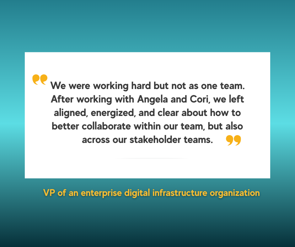 Quote about teamwork and collaboration from a VP of an enterprise digital infrastructure organization, set against a blue background with a white text box and yellow quotation marks, with the title in yellow at the bottom.