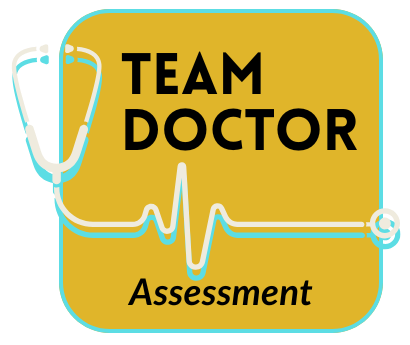 A logo with a stethoscope wrapped around a rectangular background. The text reads "TEAM DOCTOR Assessment."