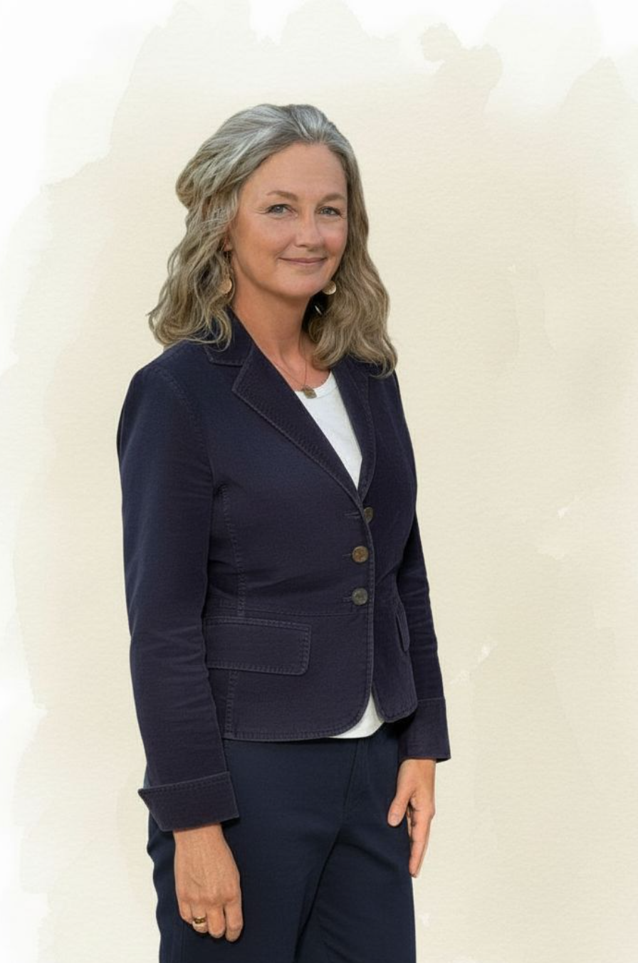 A woman standing and smiling in front of a plain wall, wearing a navy blazer and dark pants.