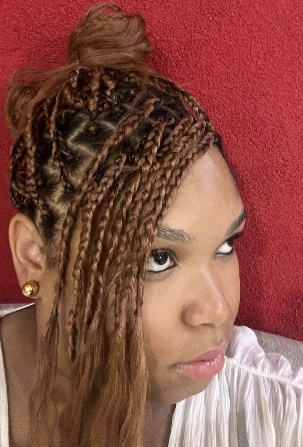 Close-up of a woman with long, twisted, braided hair with blonde highlights, wearing gold stud earrings, against a red textured wall.