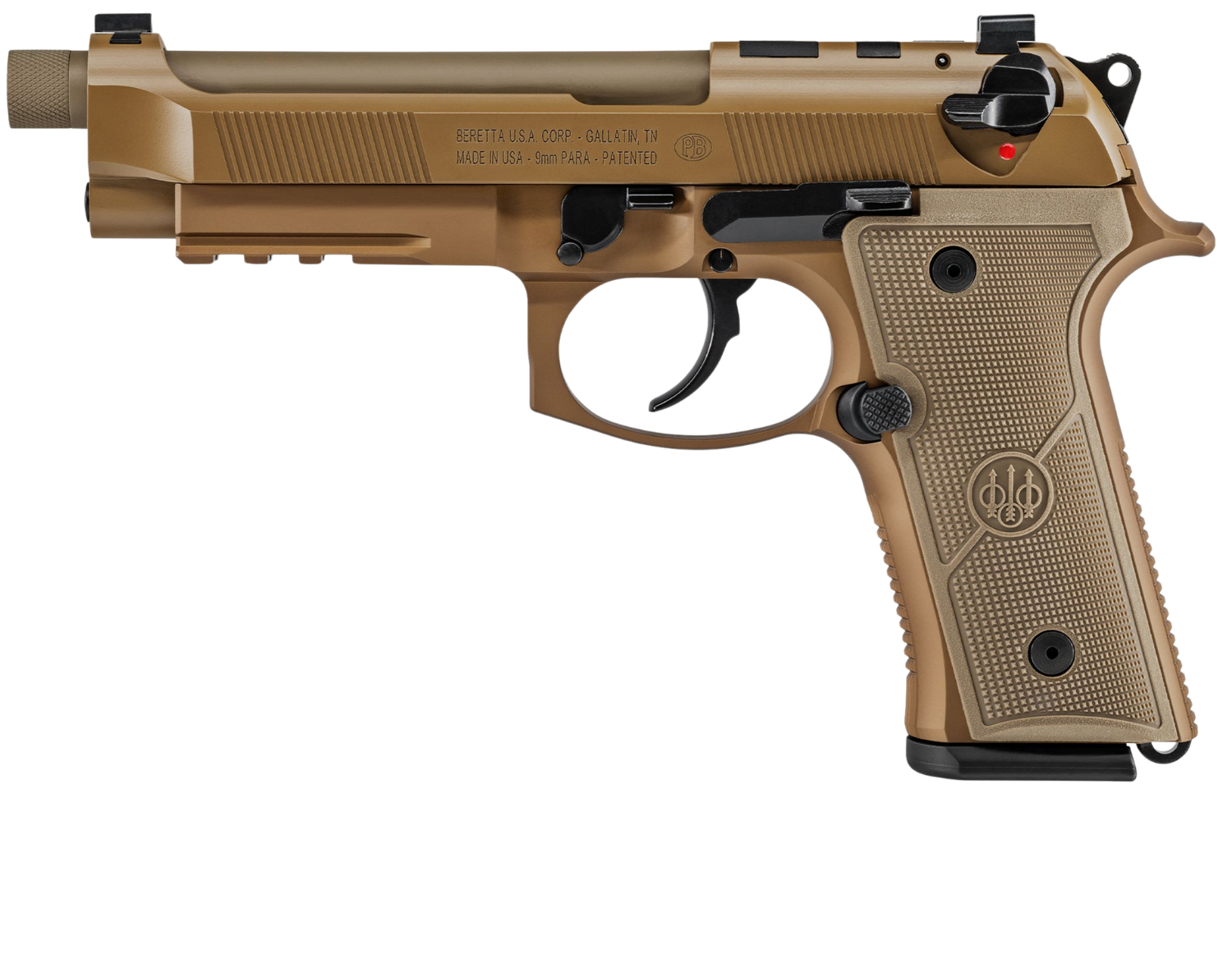 Beretta M9A4 tactical pistol with tan finish featured in The Terminal List intro garage