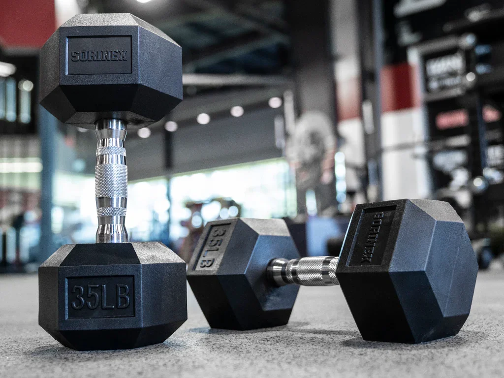 Sorinex urethane dumbbell set featured in The Terminal List intro garage