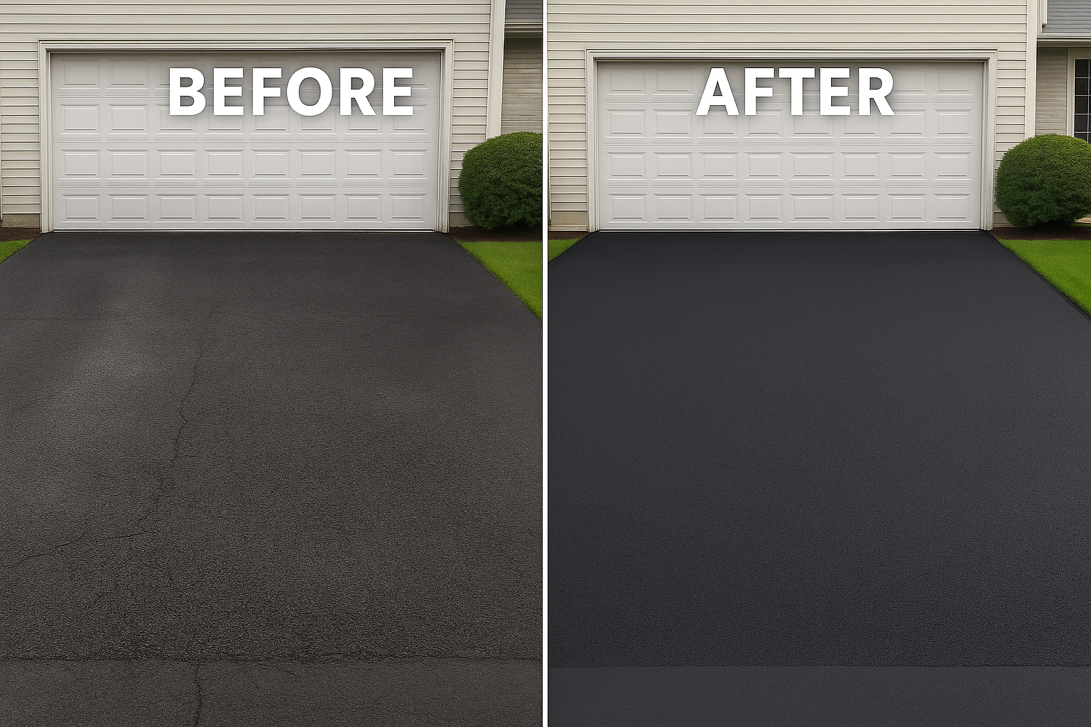 Comparison of a driveway before and after applying a fresh coat of black asphalt material. The 'before' side shows cracked and weathered asphalt, while the 'after' side shows a smooth, new black surface.