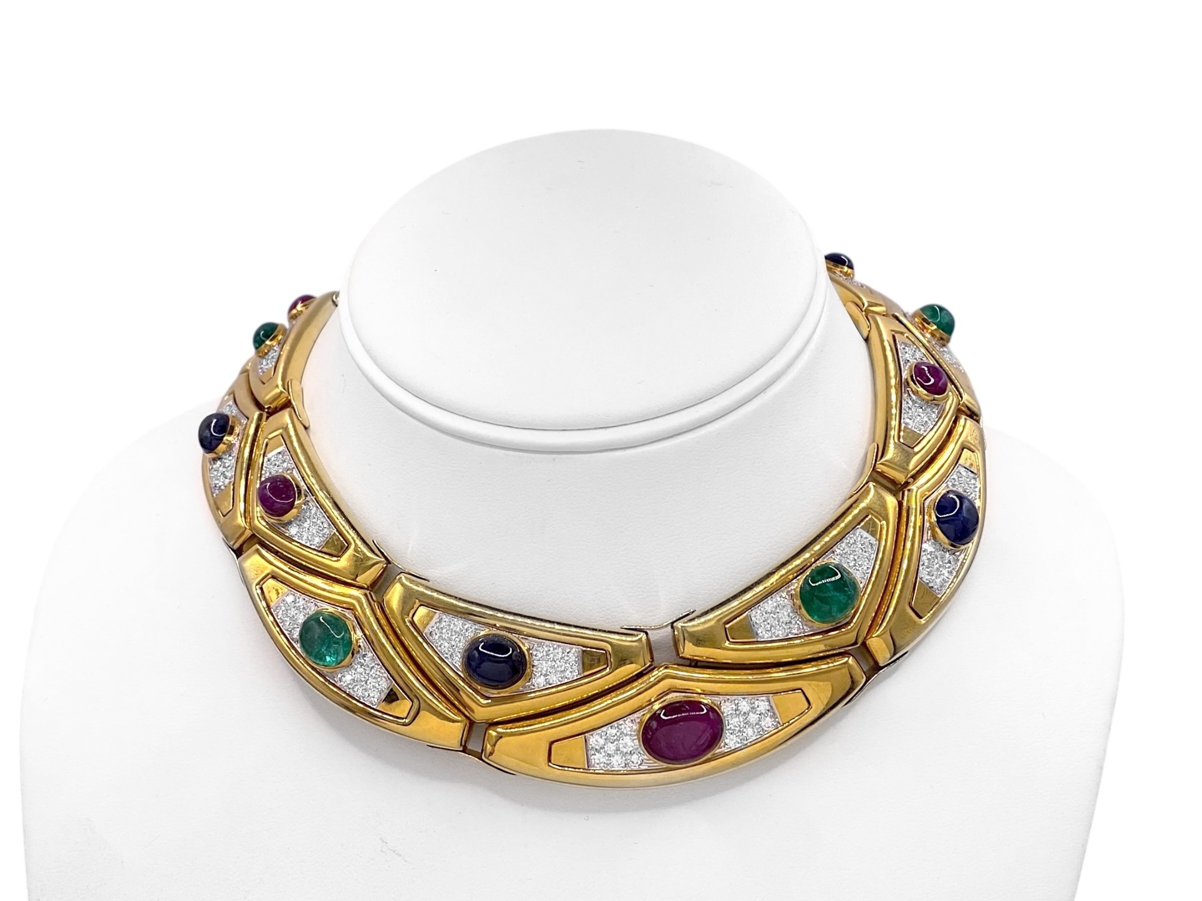 David Webb Cabochon Emerald Sapphire and Ruby Necklace with Diamonds, Vintage 1970's