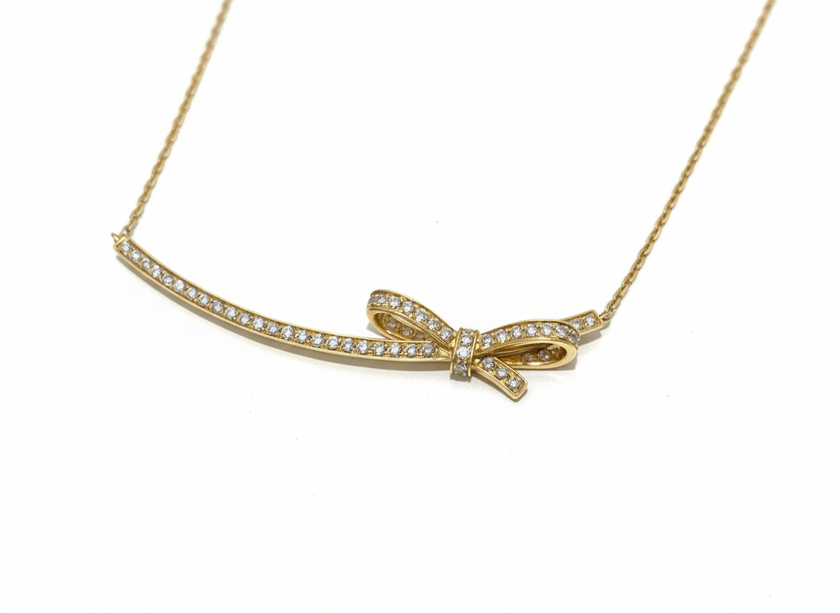 Chanel 18K Yellow Gold with Diamond Bow Motif Pendant Necklace