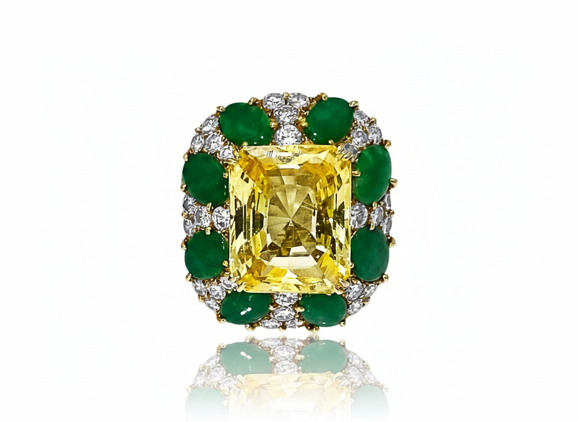 GIA Certified 33CT Intense Yellow Sapphire with Jade and Round Diamond Ring