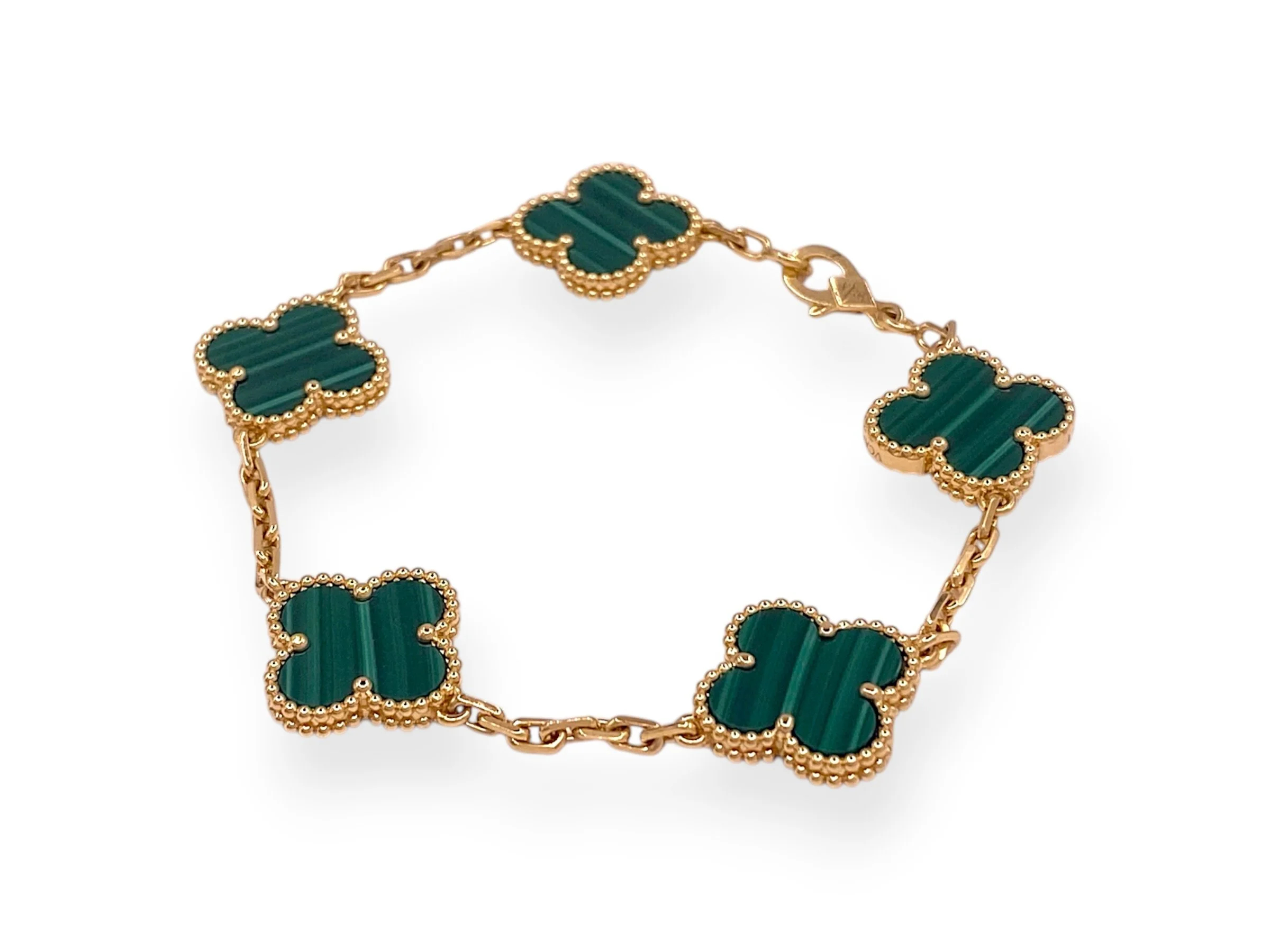 Van Cleef & Arpels Vintage Alhambra Malachite 5 Motif Bracelet in 18 Yellow Gold