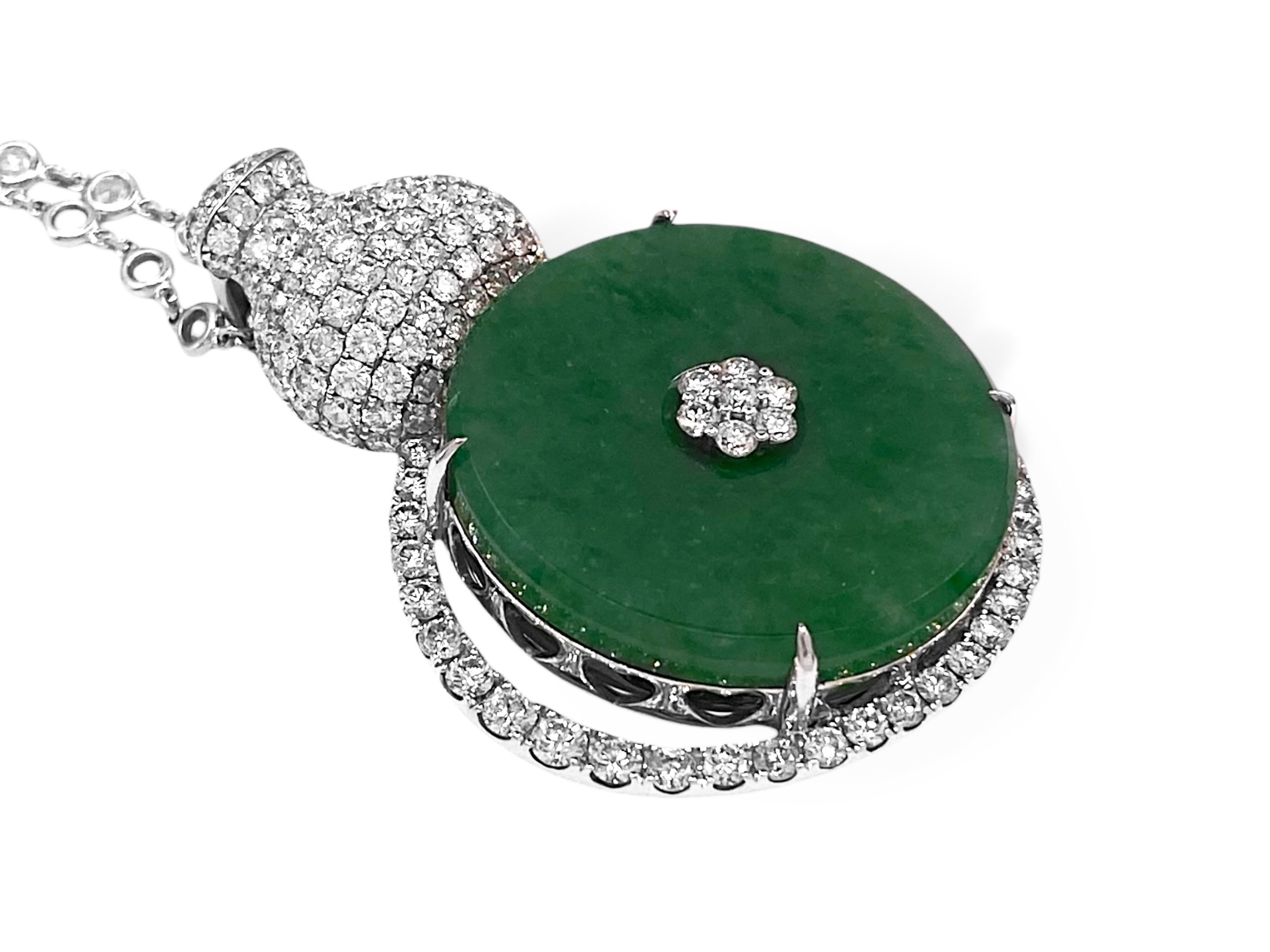 GIA Certified Type A Hololith Jadeite Jade & Diamond Pendant Necklace in 18k White Gold.