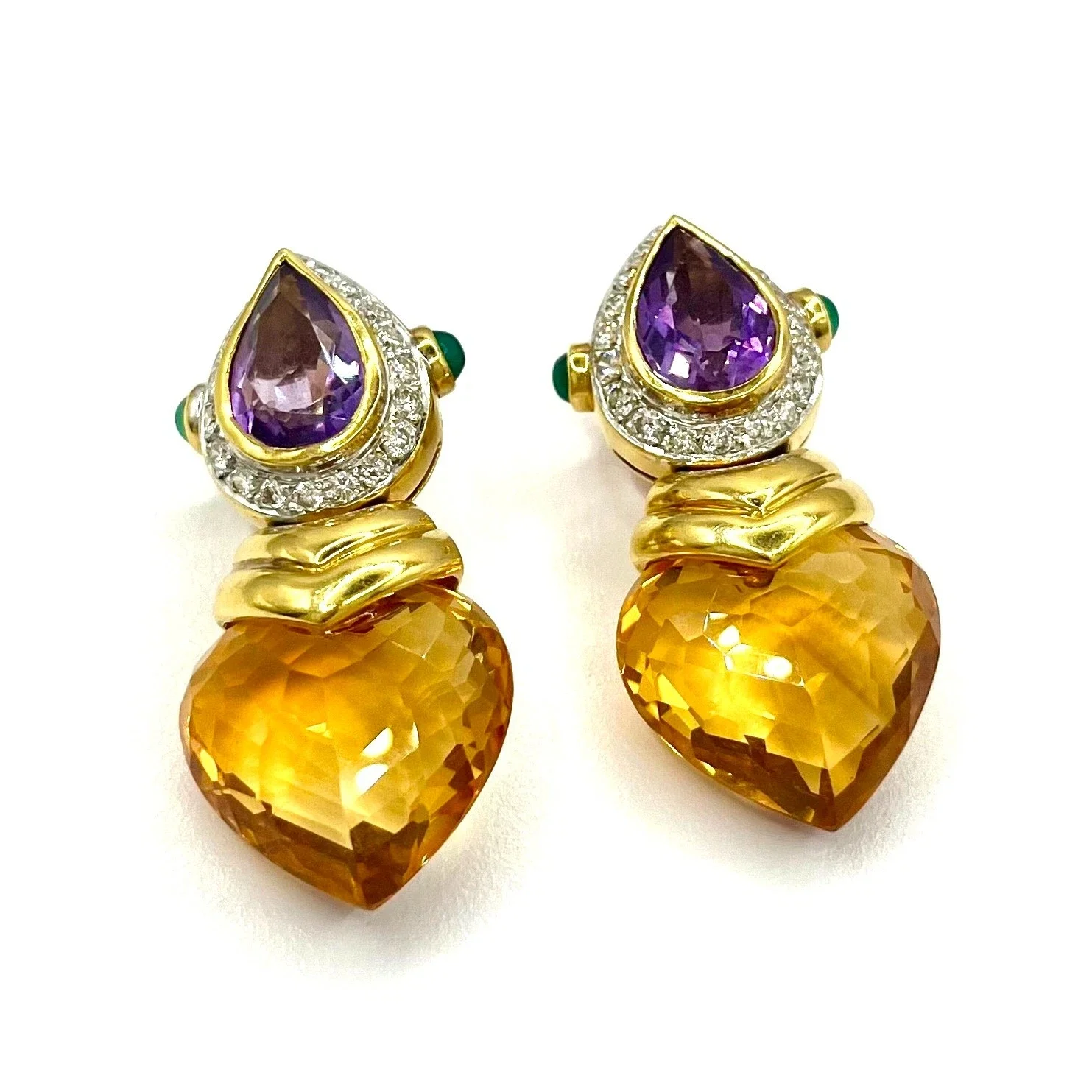 BATEN 18K Gold Vintage Earrings Diamonds, Citrine, Amethyst, Jade, w Omega Clips