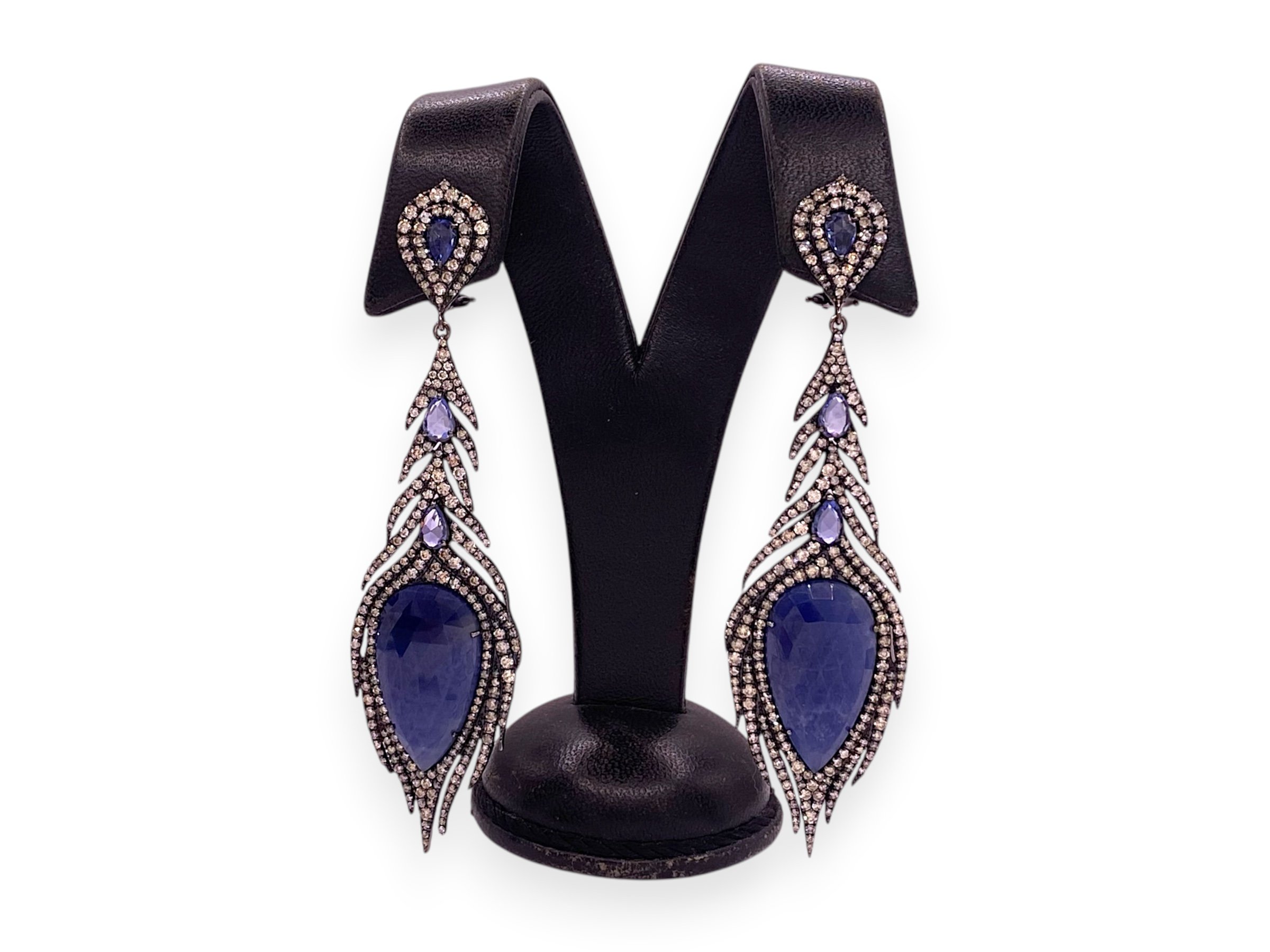 Tear Drop Blue Sapphires and Diamond Earrings in 18k Black Gold " Parade Design"