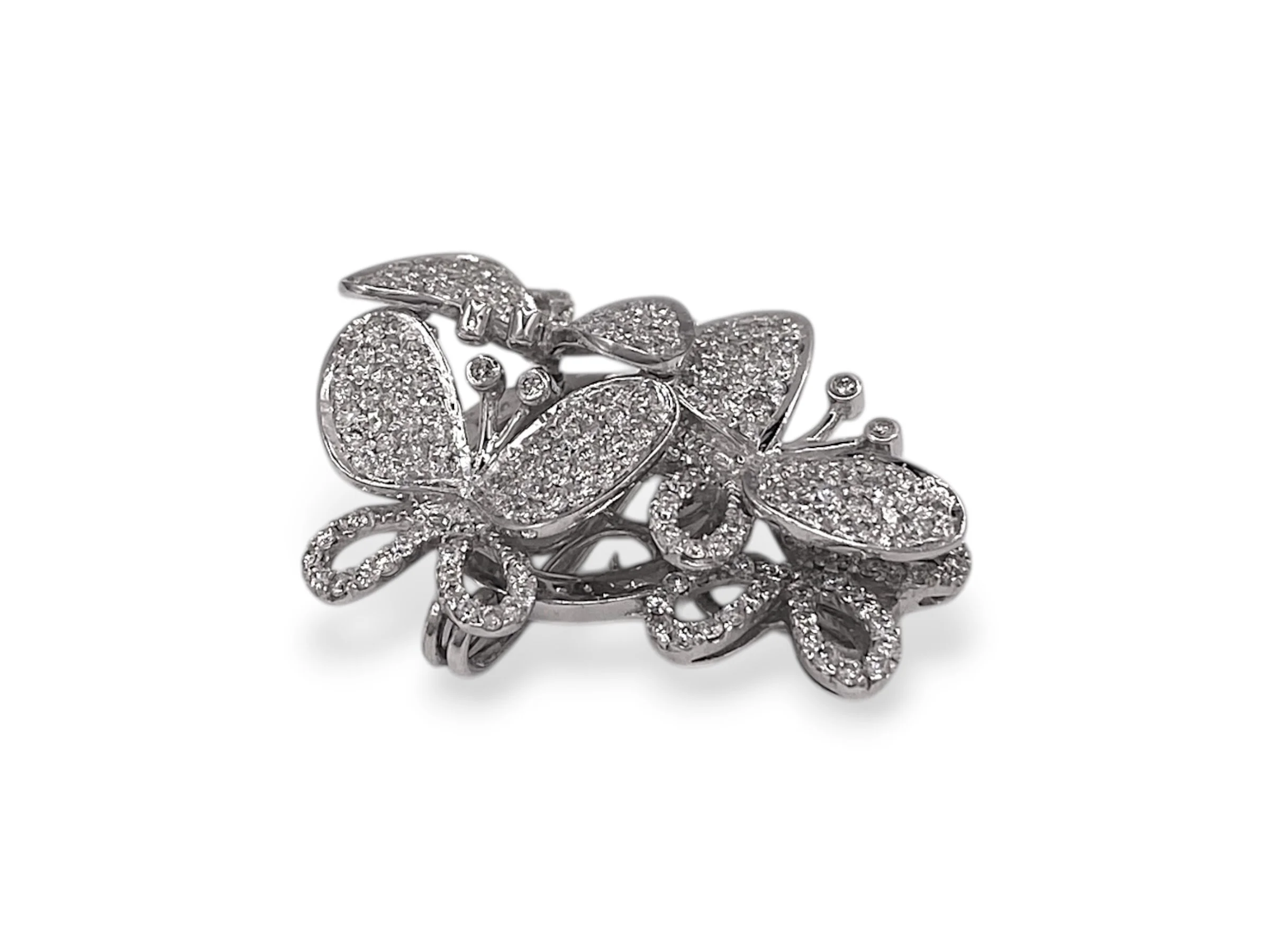 Classic Butterfly Triple Pave Diamond Pin Brooch in 14k White Gold