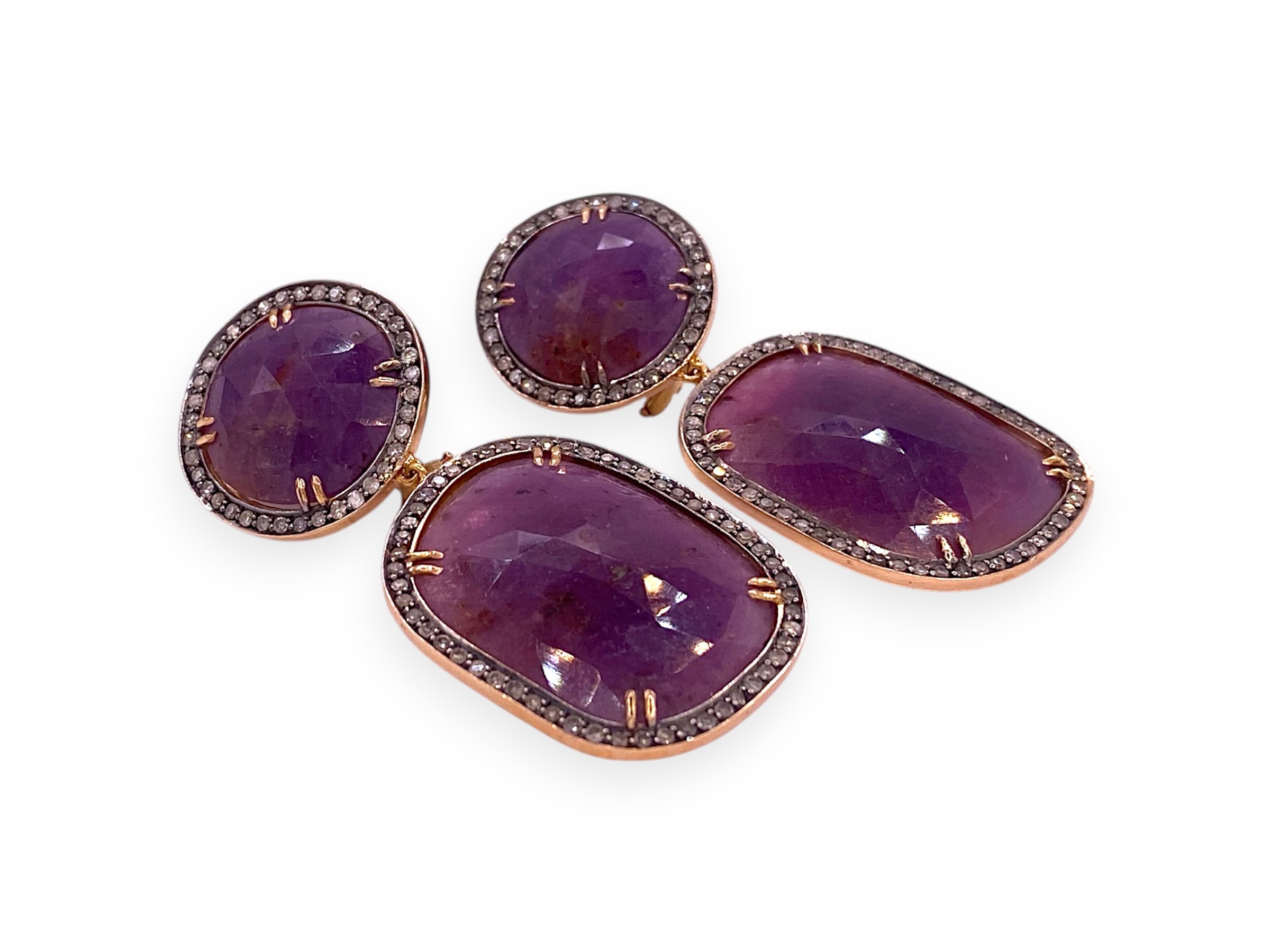 Elegant Purple Amethyst Cabochon and Diamond Halo Drop Earrings in 14k Rose Gold