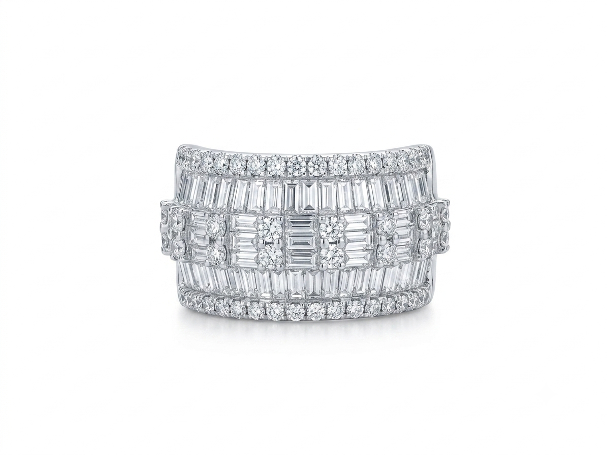 3.20 TCW Round Baguette Diamond Ring 18k White Gold Wedding Band F/ VS .Sz 6.75