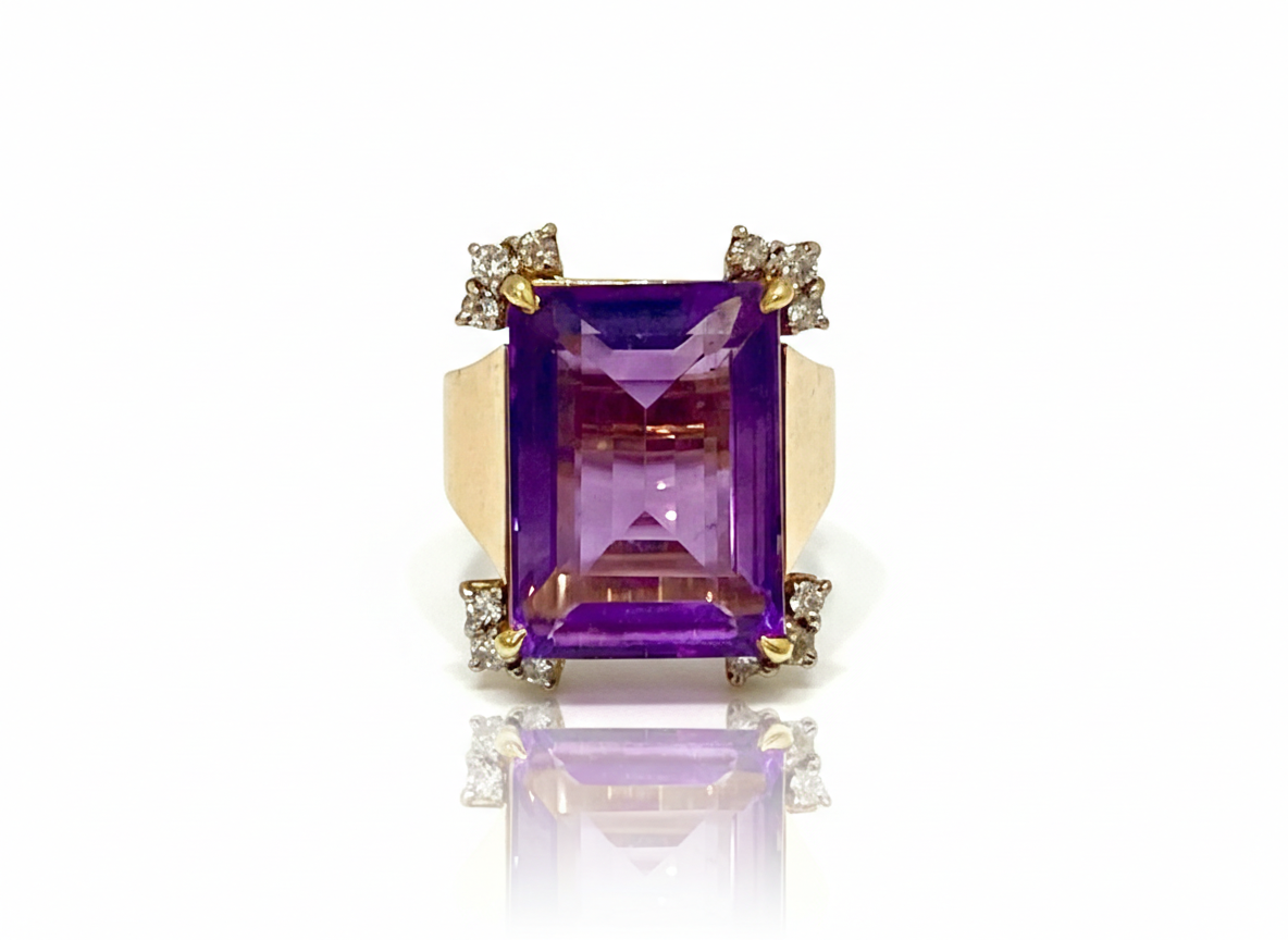 18k Yellow Gold Vintage Large Emerald Cut Amethyst and Diamond Cocktail Ring
