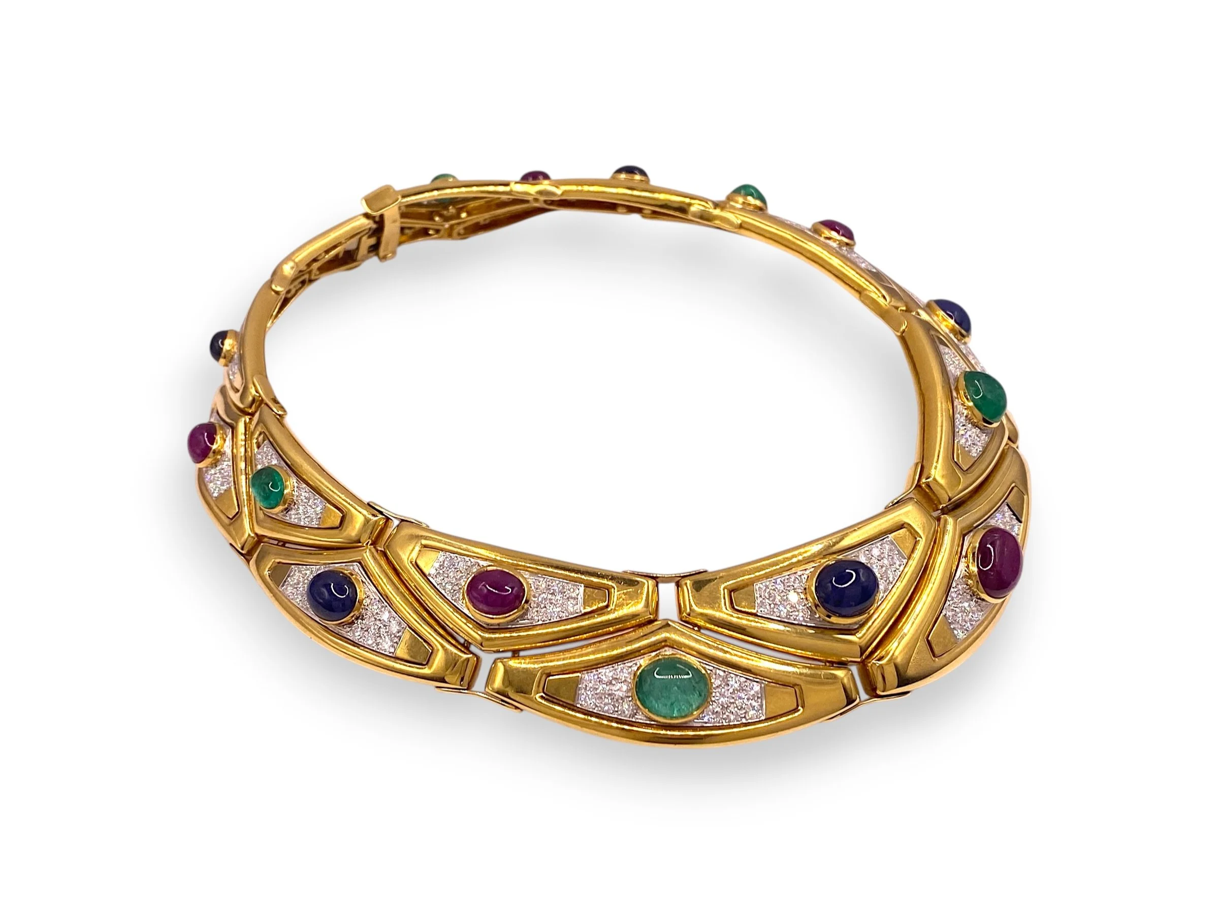 David Webb Cabochon Emerald Sapphire and Ruby Necklace with Diamonds, Vintage 1970's