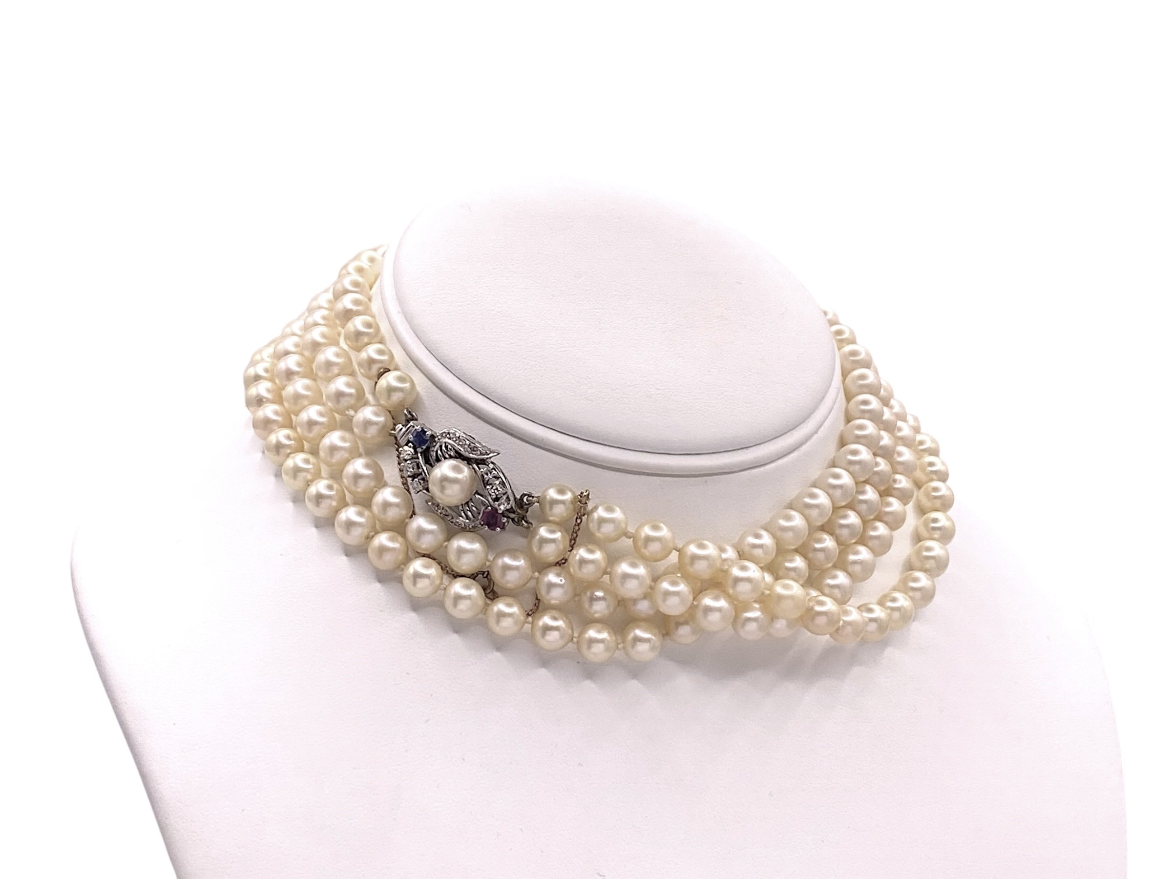 Estate Double-Strand Cultured Pearl Necklace With Ruby And Diamond Clasp