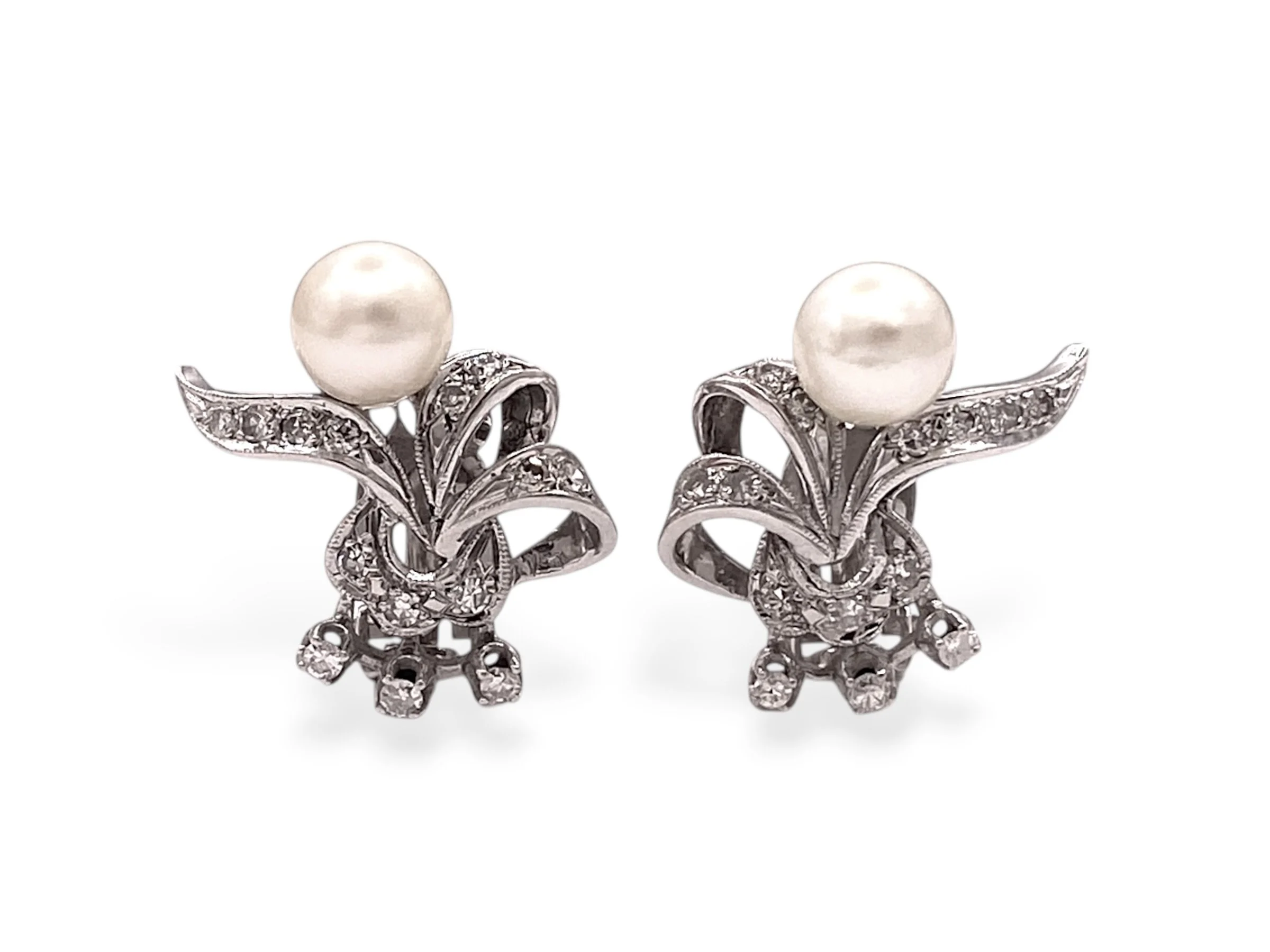 Retro South Sea Pearl and Diamond Floral Earrings in 14k White Gold