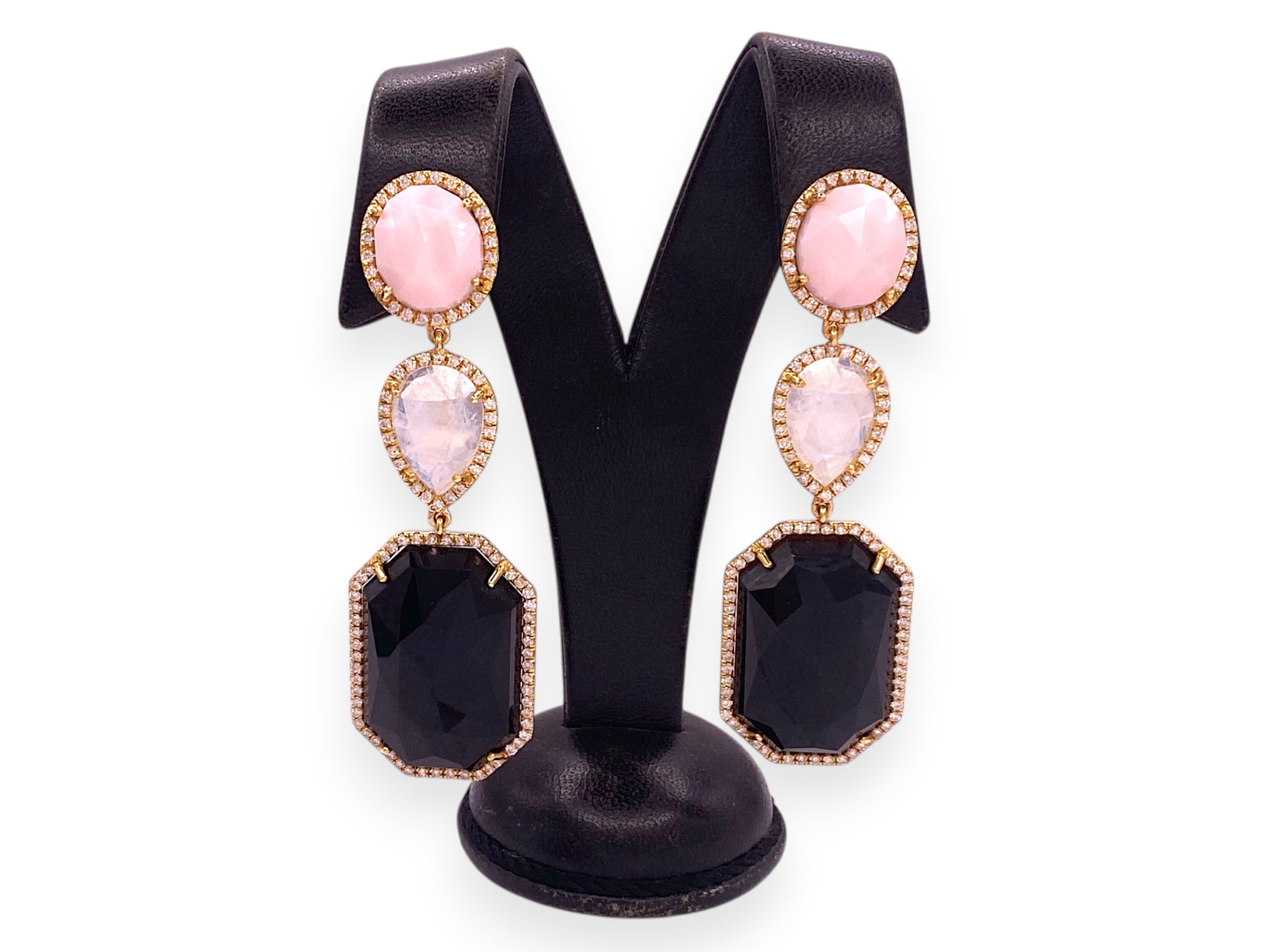 Classic Chalcedony Pink and Black Onyx Diamond Dangle Drop Earrings in 18k Yellow Gold 