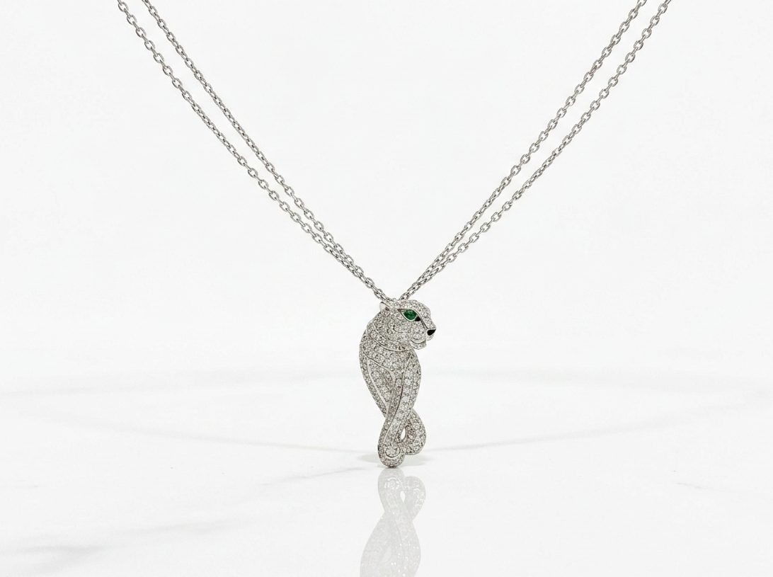 Cartier Panthere de Cartier 18K Gold Pave Diamonds, Emerald, Onyx, Double Chain