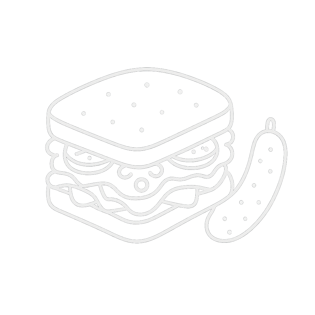 Line drawing of a hamburger with lettuce, cheese, and tomato, accompanied by a pickle, on a black background.