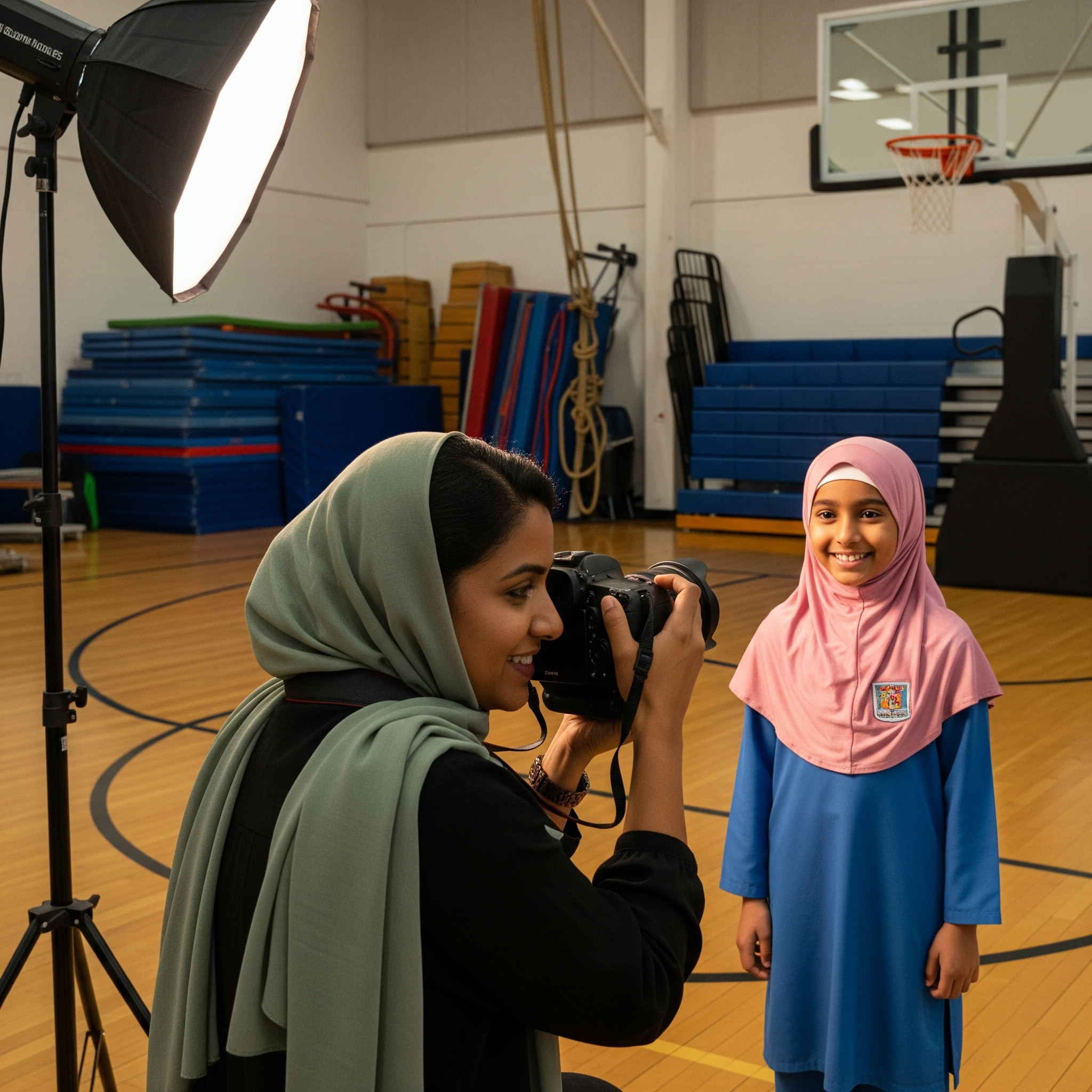 A woman in a light green headscarf taking a photograph of a smiling girl in a pink and blue school uniform inside a gymnasium.