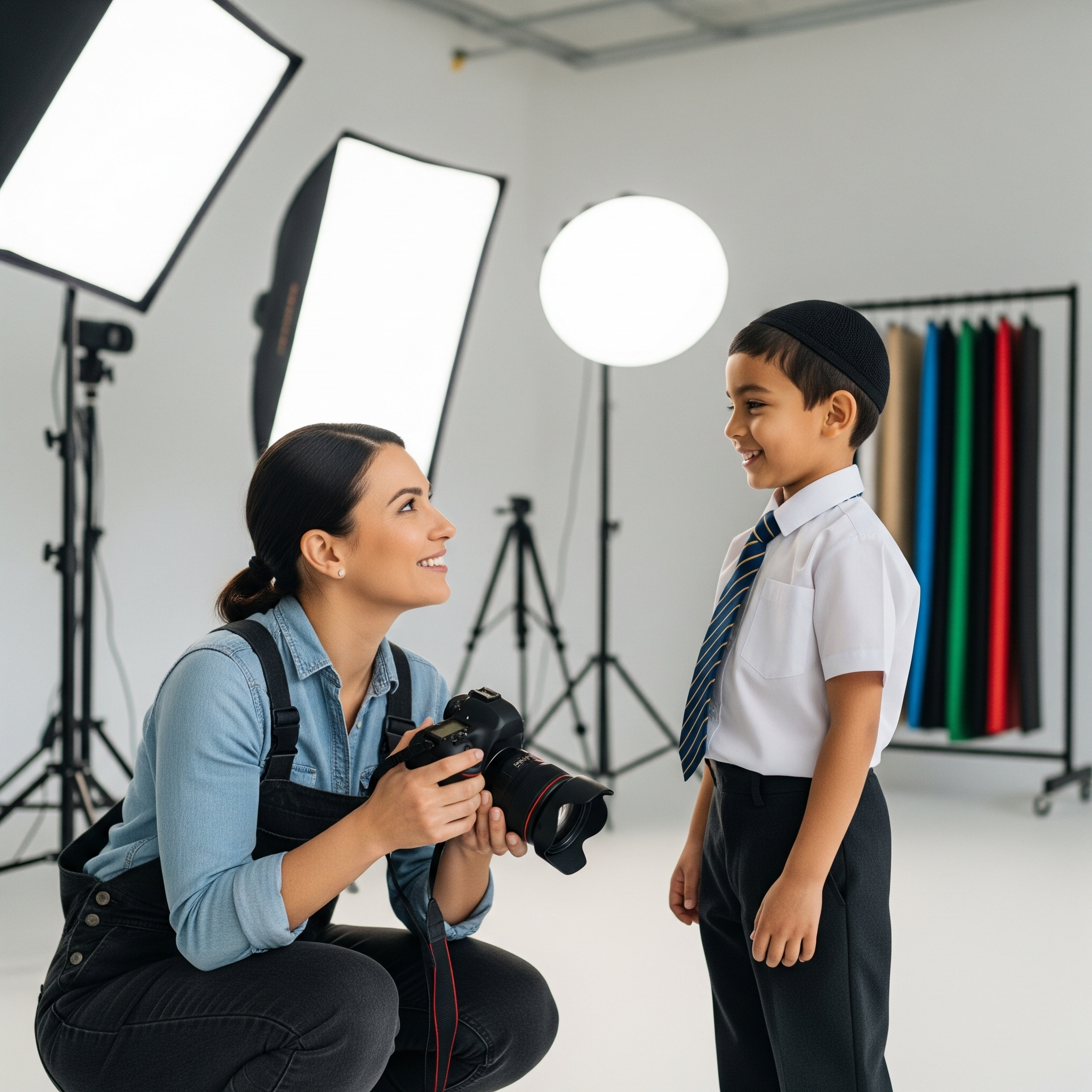 A woman with dark hair in a ponytail holding a camera kneels and smiles at a young boy in a white shirt, striped tie, and black pants, who is wearing a black cap, in a photography studio with professional lighting and a backdrop of colored fabrics.