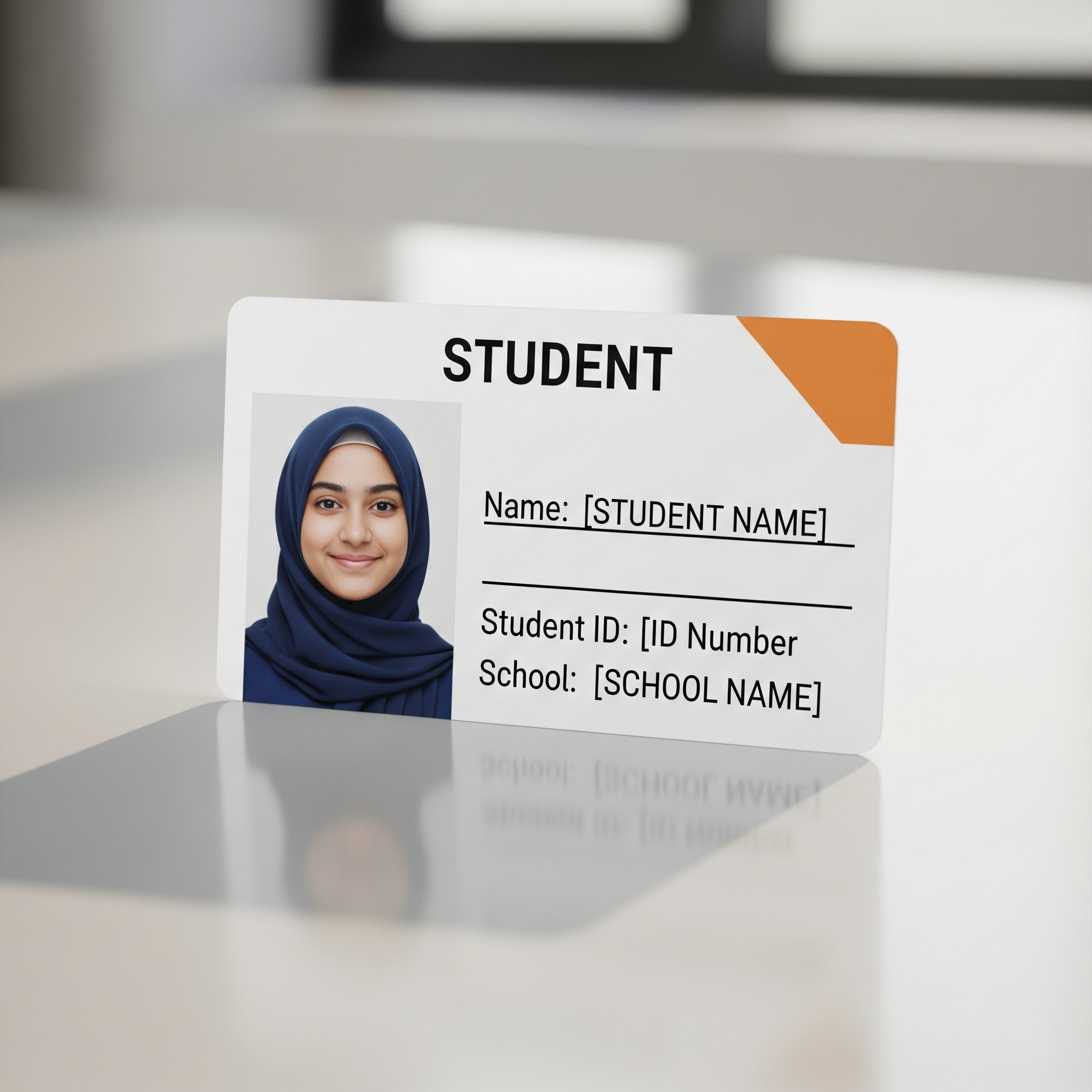 Student ID card with a woman's photo, wearing a blue hijab, and placeholder text for name, ID number, and school name.