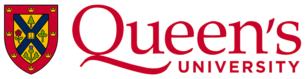 The logo of Queens University featuring a detailed shield crest and the university name in red and pink text.