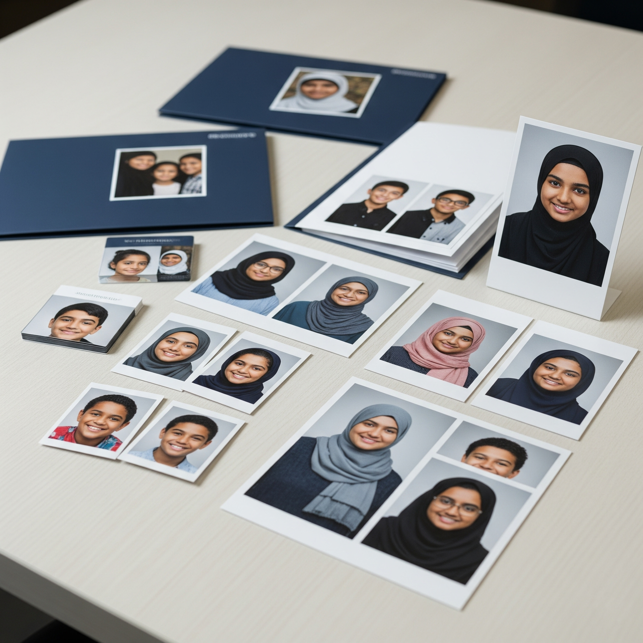 Various printed portrait photographs of diverse individuals, some wearing hijabs, arranged on a light-colored table with navy blue photo albums nearby.