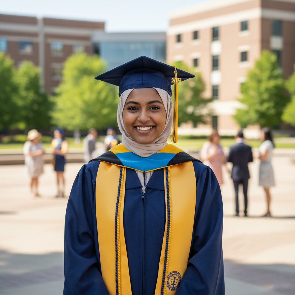 Young woman in graduation cap and gown smiling outdoors on a university campus.