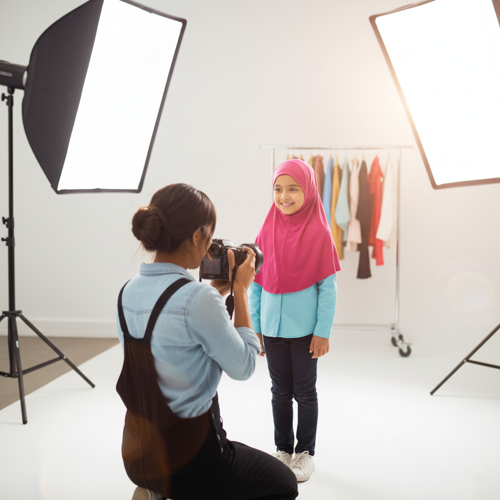 A girl in a pink hijab posing for a photo in a photography studio with bright lighting and clothing on a rack in the background.