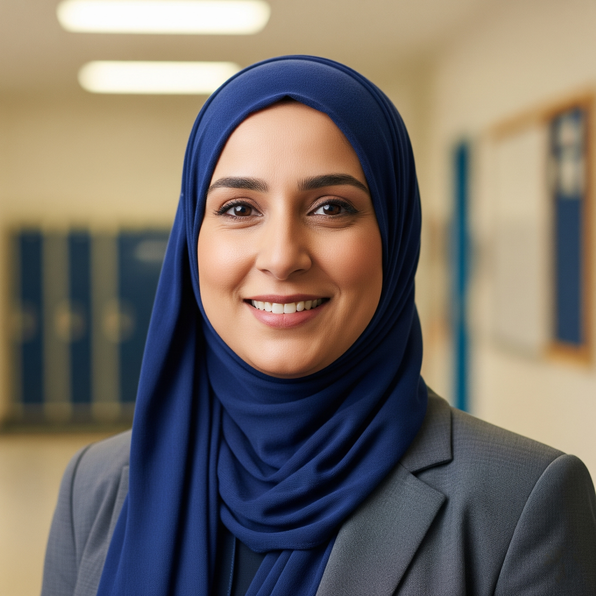 A young woman wearing a grey blazer and a blue hijab in a school hallway, smiling at the camera.