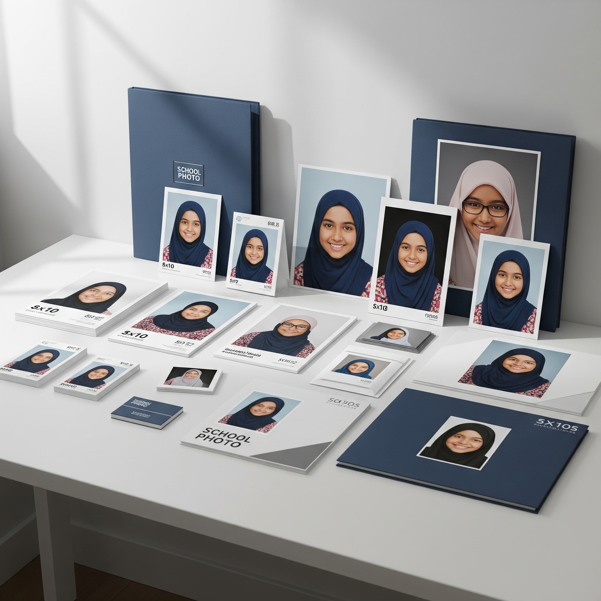 Display of school portrait photos, photo books, and folders featuring a young woman wearing hijab, arranged on a white table.