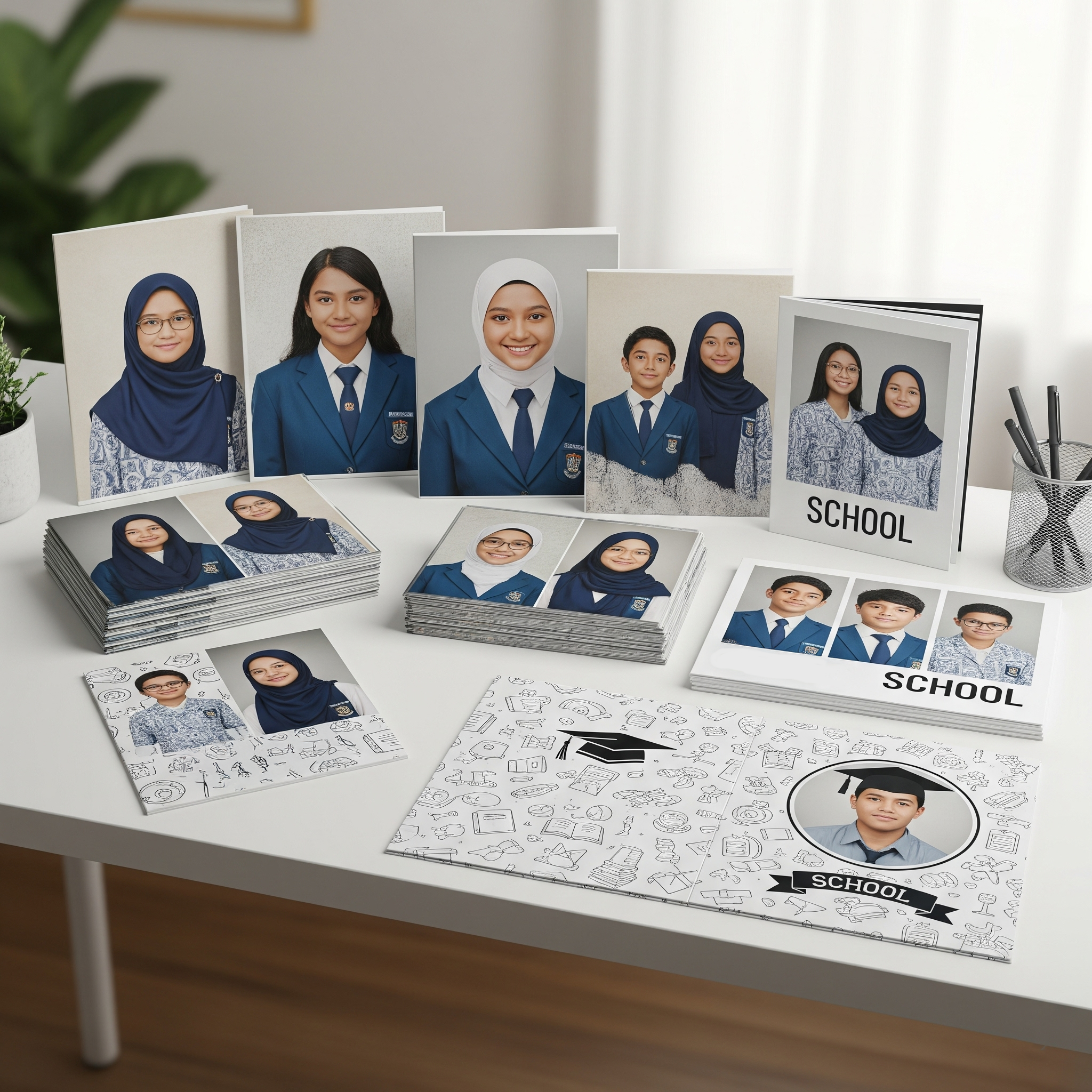 Display of school portraits, photo albums, and printed photographs of students in blue uniforms on a white table, with a plant and art supplies in the background.