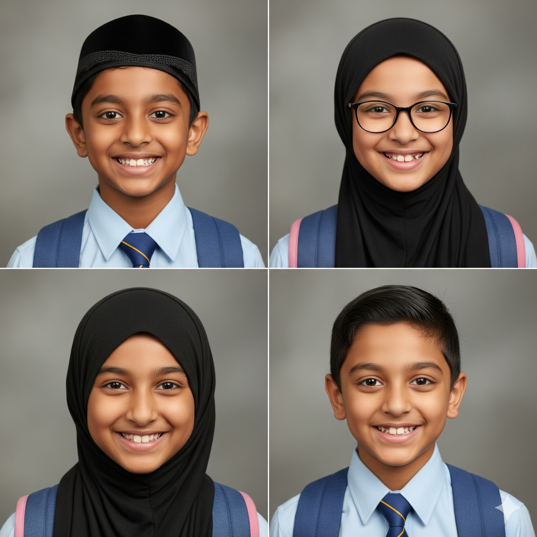 Collage of four school portraits of smiling children, two boys and two girls, wearing school uniforms and backpacks, against a gray background.
