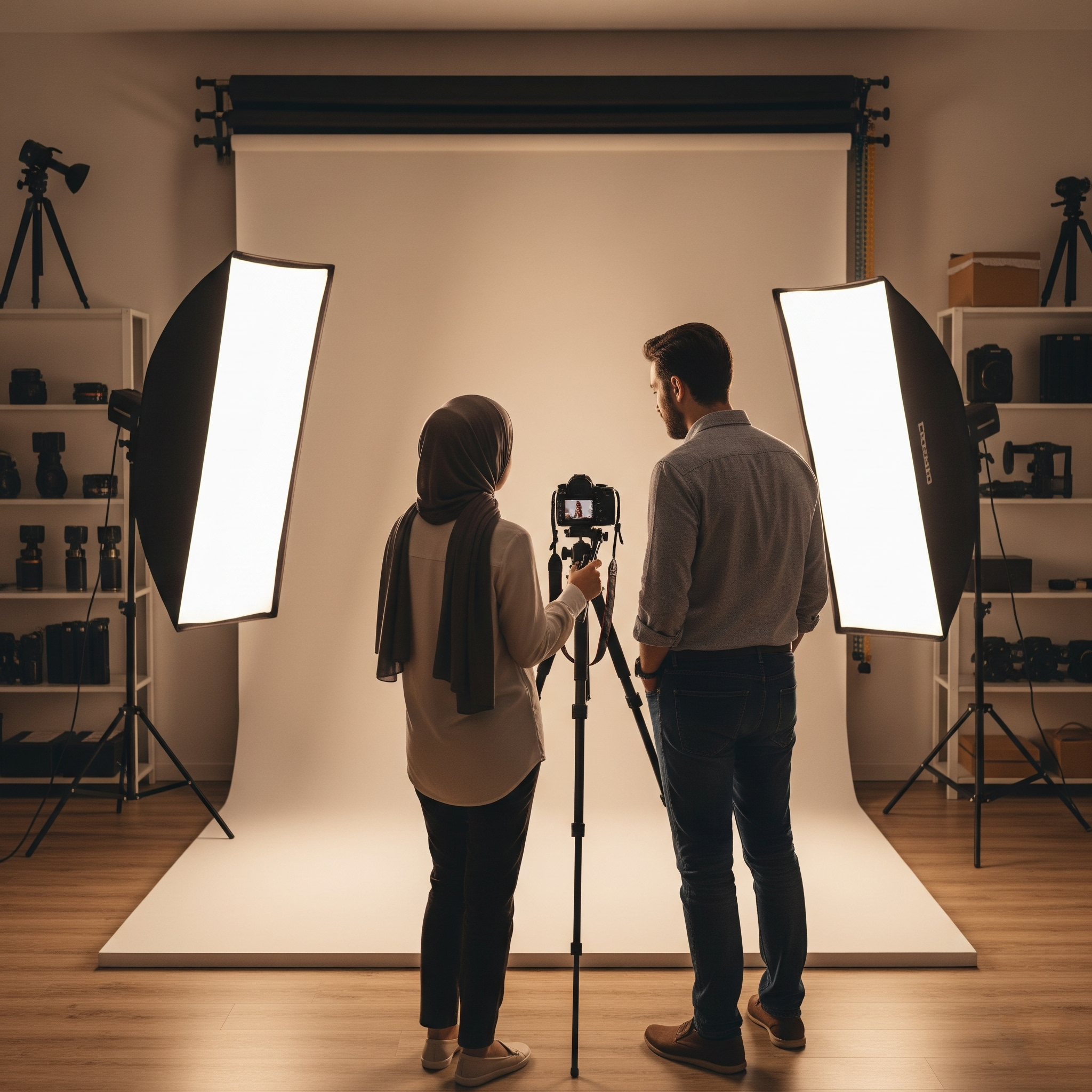 Two people preparing for a photo shoot with lighting equipment and a DSLR camera in a photography studio.