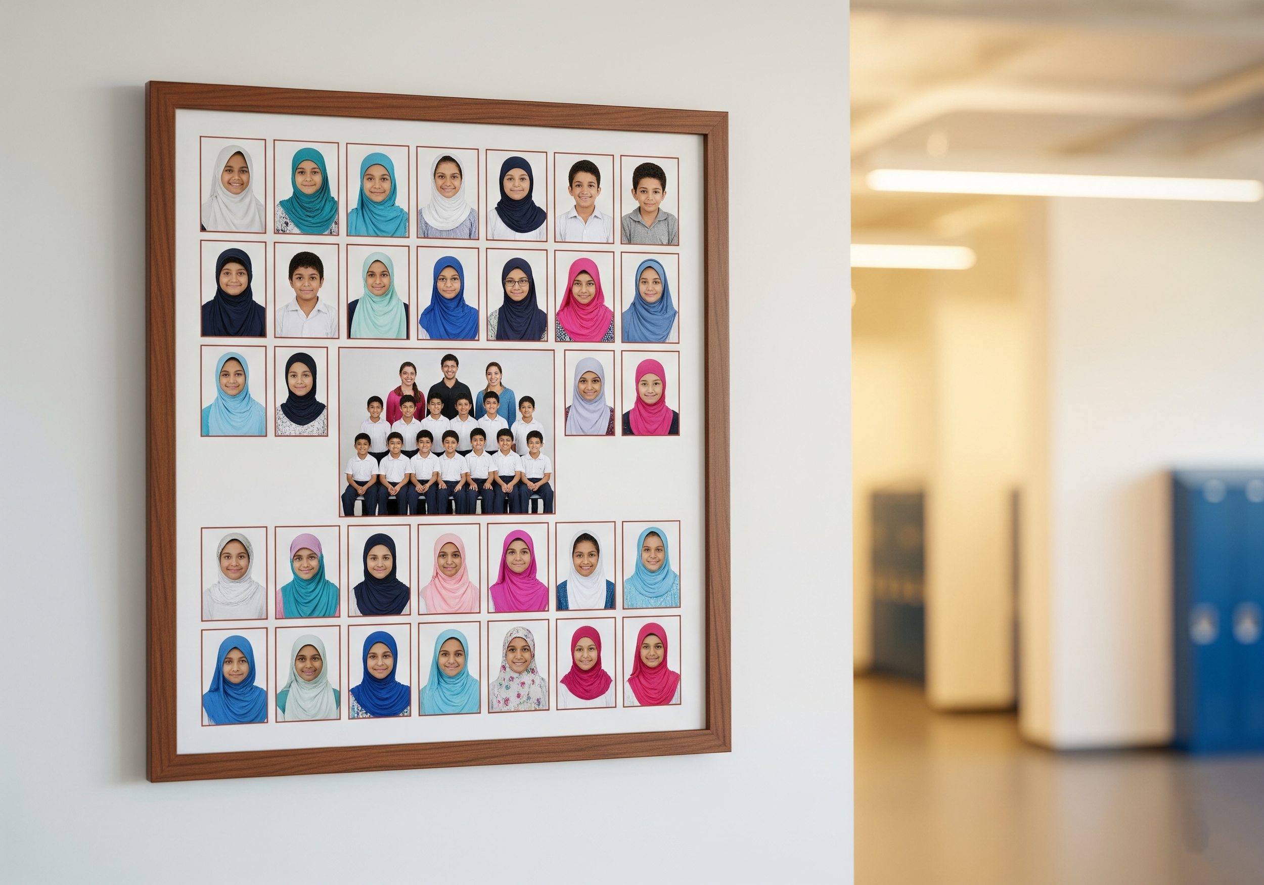 School class photo collage featuring individual portraits of boys and girls, some wearing hijabs, arranged in rows with a group photo of students seated together in the middle.