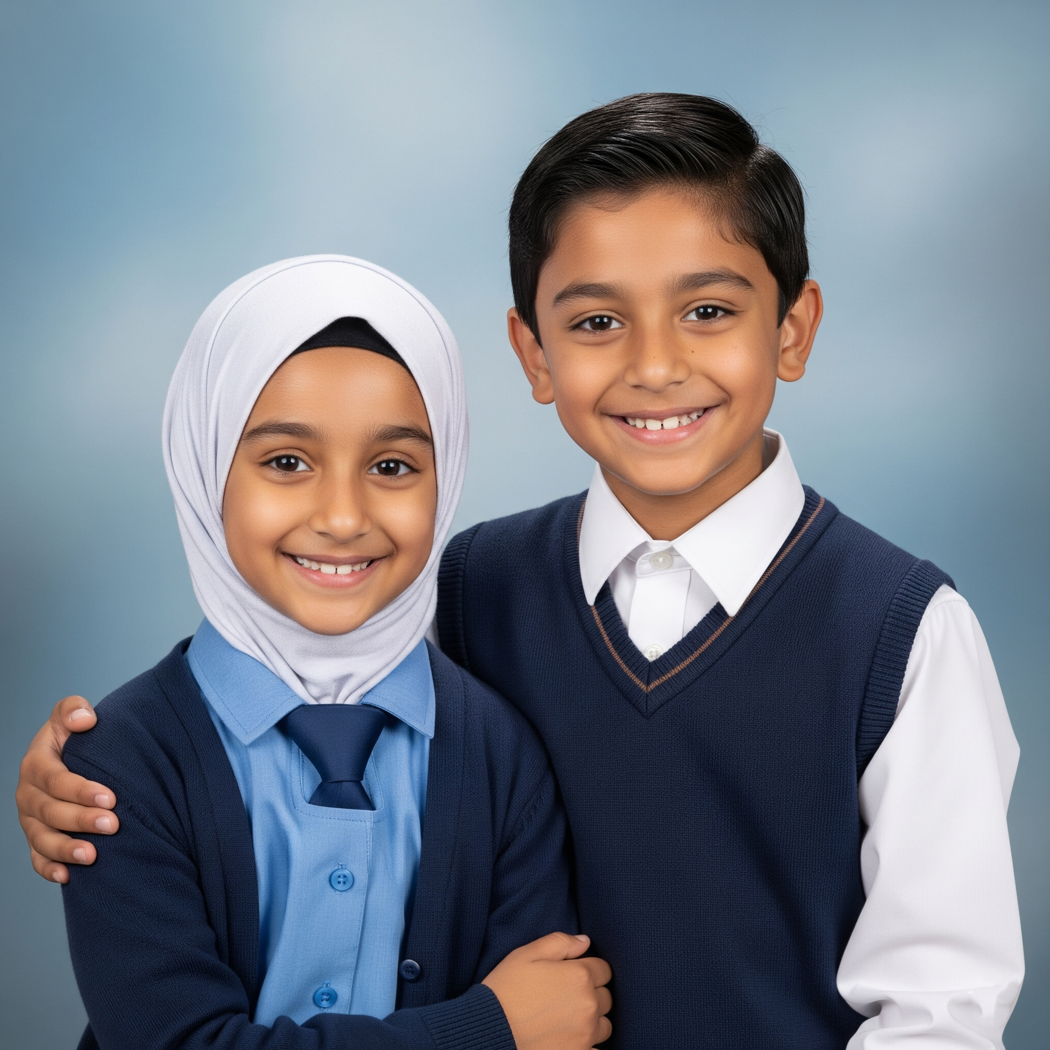 Two school children, a girl wearing a light blue uniform and hijab, and a boy in a white shirt and navy sweater vest, smiling and standing close together against a blue background.