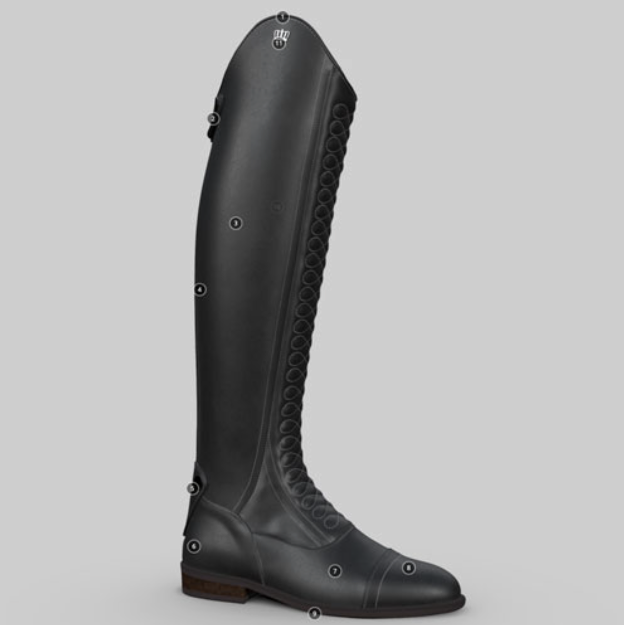 A black riding boot with numbered labels pointing to various parts of the boot.