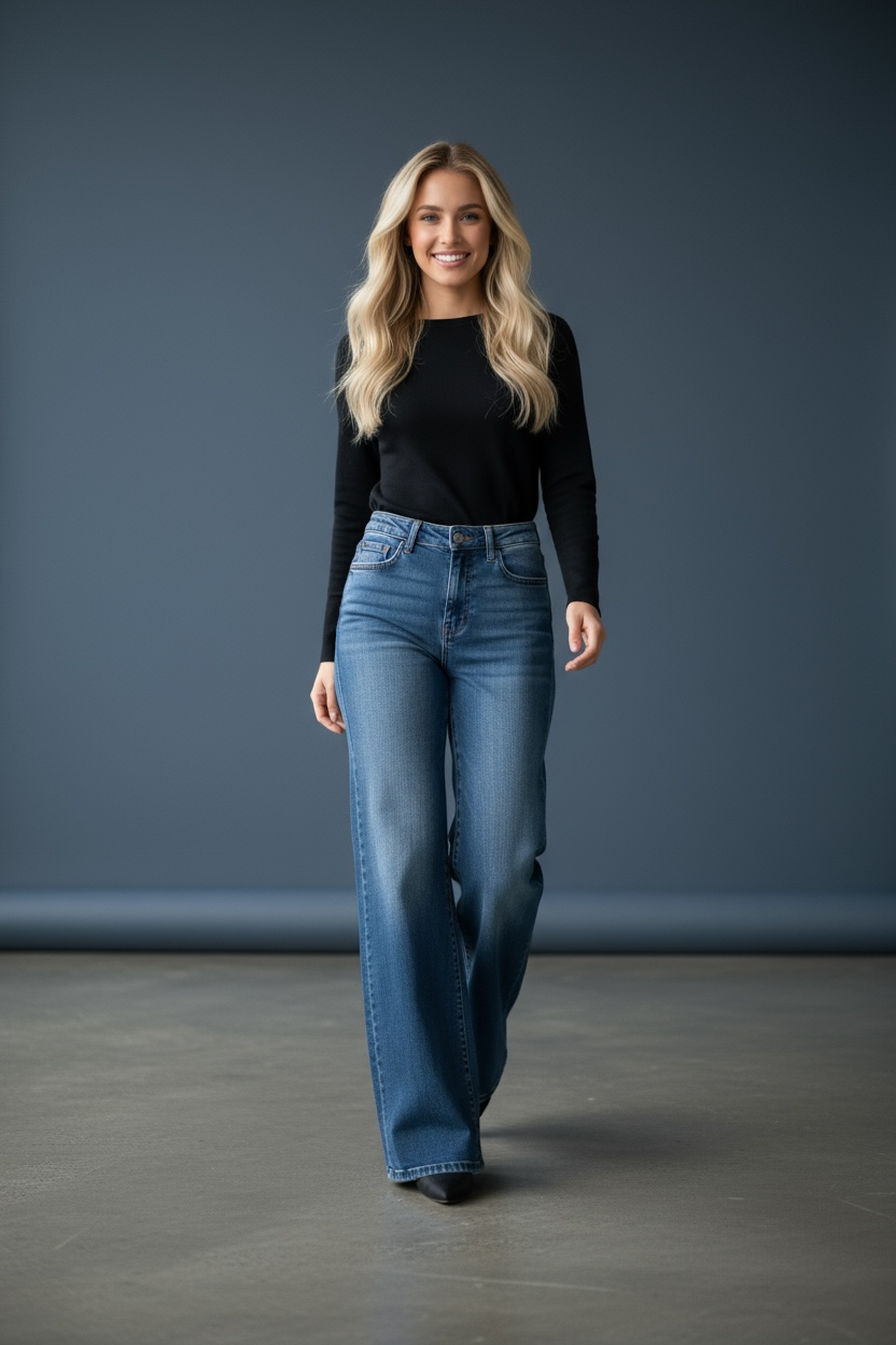 High Waist Straight Leg Medium Wash Denim