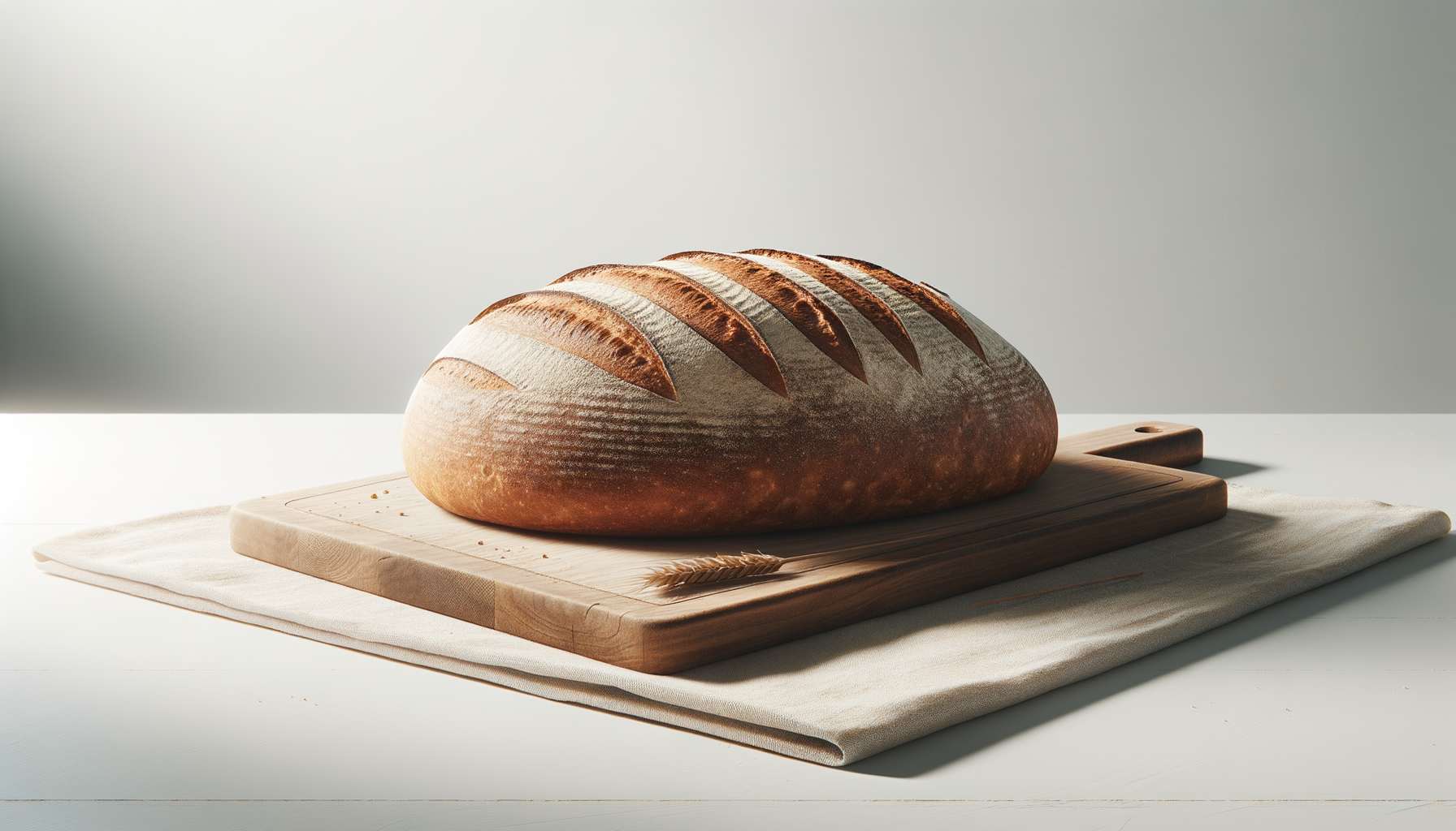 A loaf of bread with scored crust on a wooden cutting board, placed on a white cloth on a white surface.