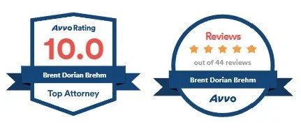Two badge graphics for Brent Dorian Brehm, a top attorney with an Avvo rating of 10.0. The first badge shows the rating, and the second badge shows a reviews section with four out of five stars from 44 reviews.