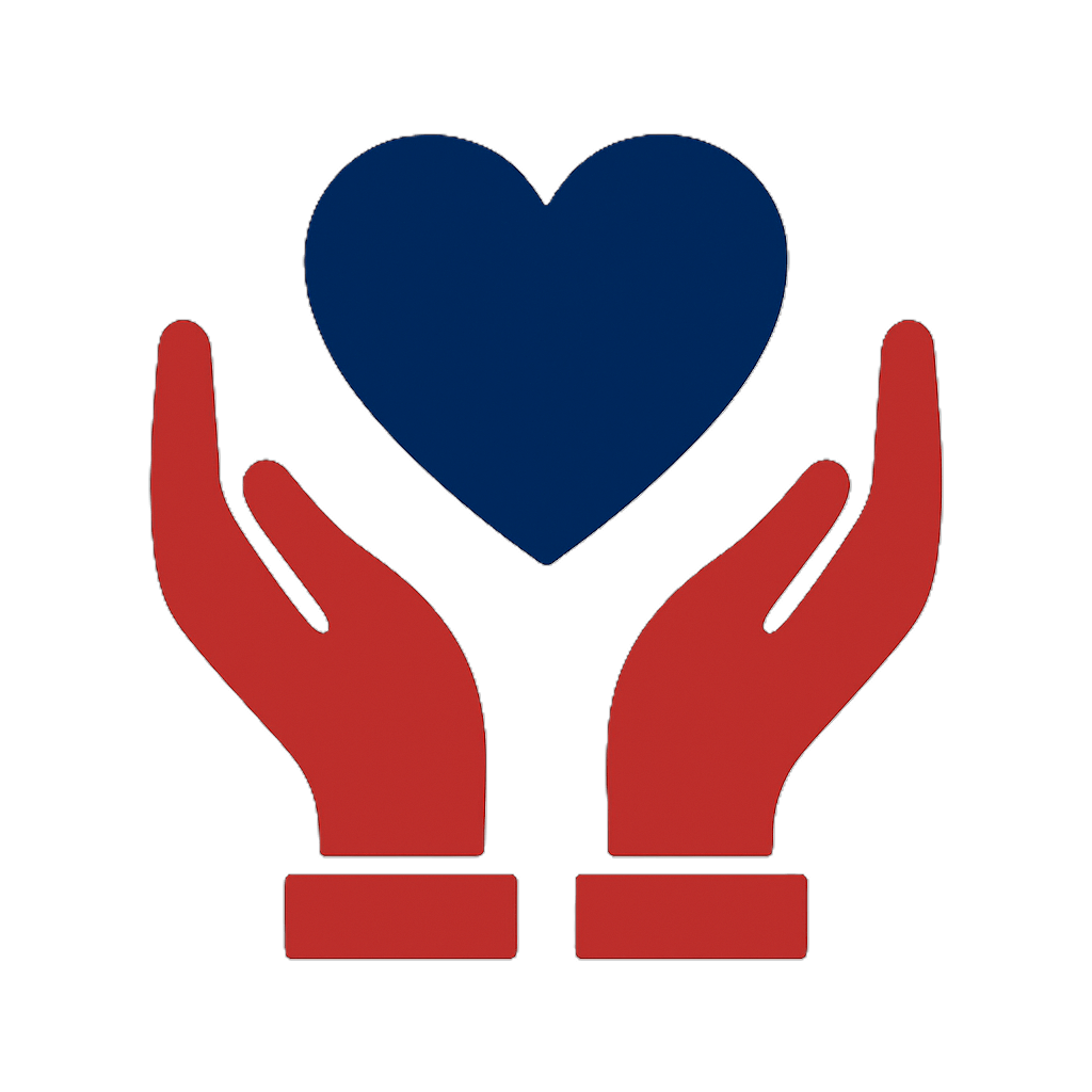 Illustration of two red hands gently holding a blue heart.