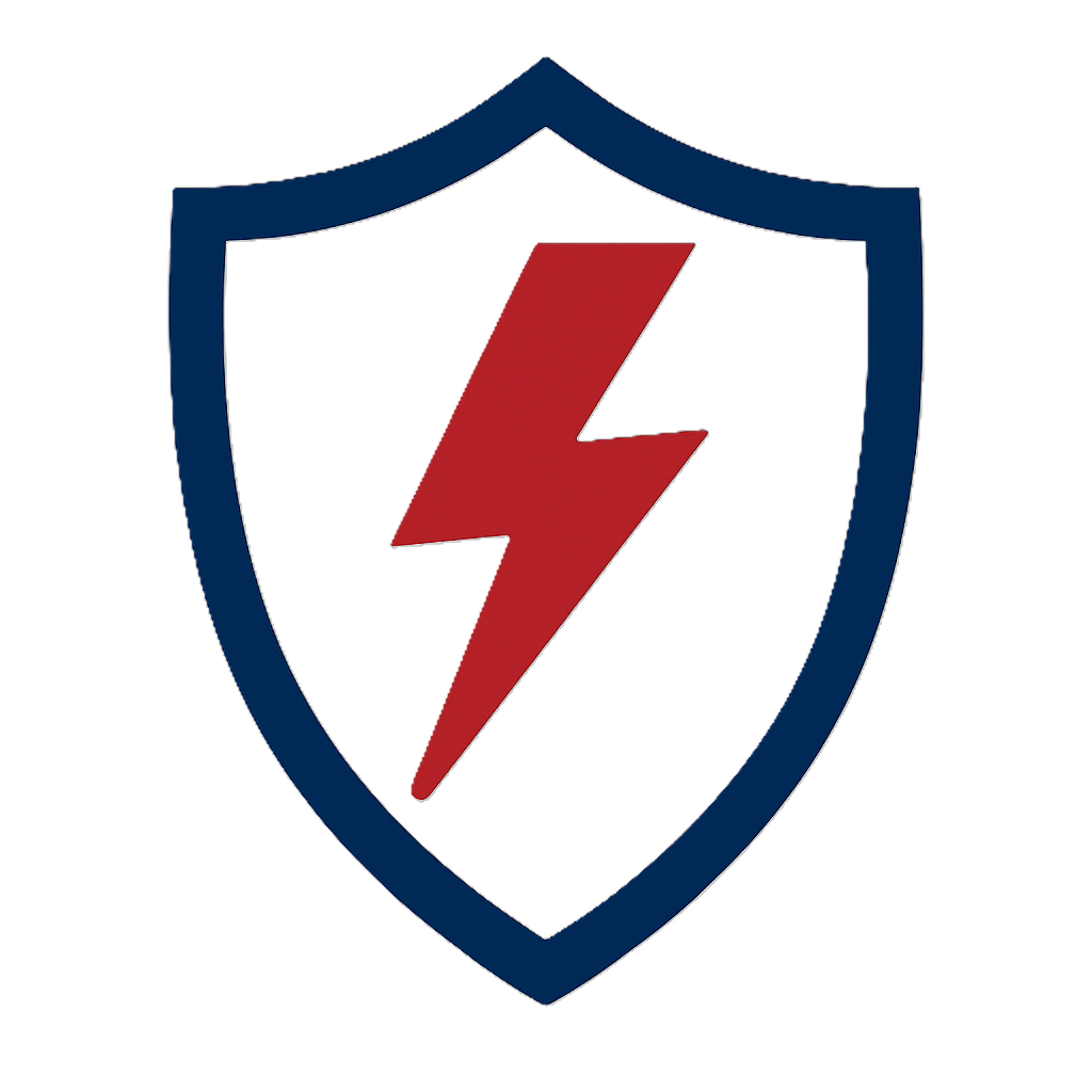 A shield emblem with a red lightning bolt in the center, outlined with a dark blue border.