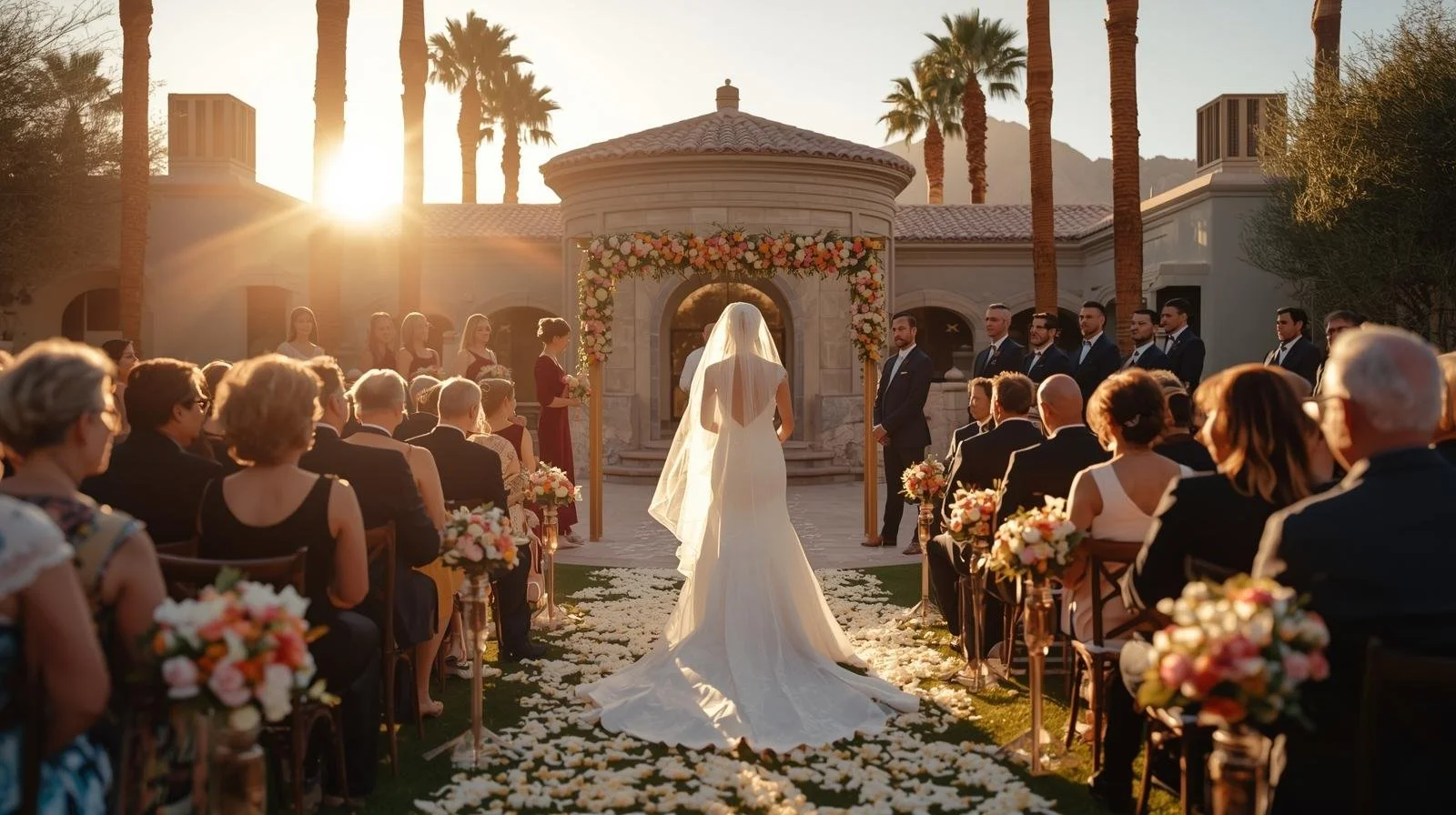 Bride walks down the aisle at the Royal Palms Resort in Scottsdale while a violinist plays wedding music.