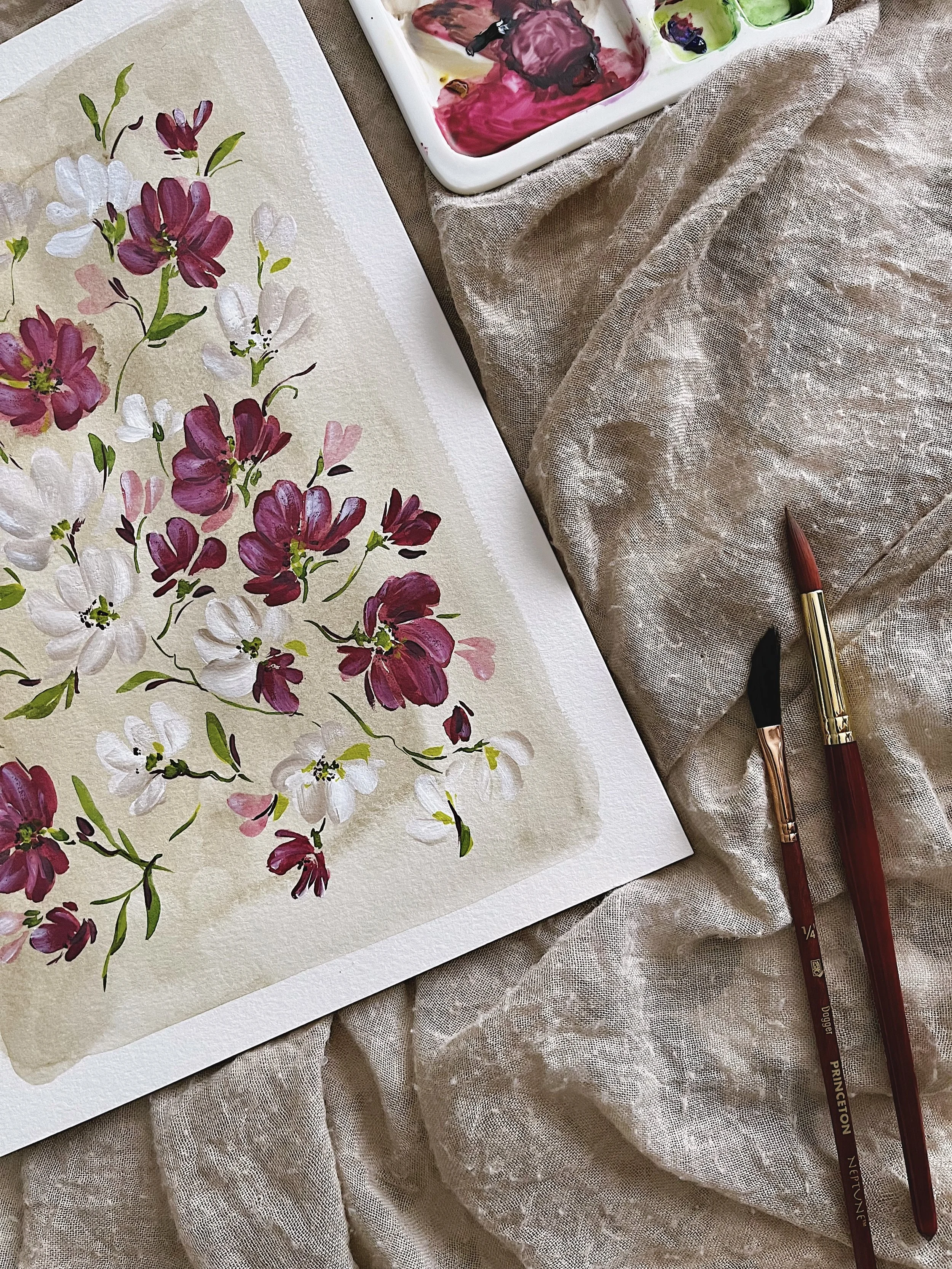 Burgundy taupe wildflowers art print