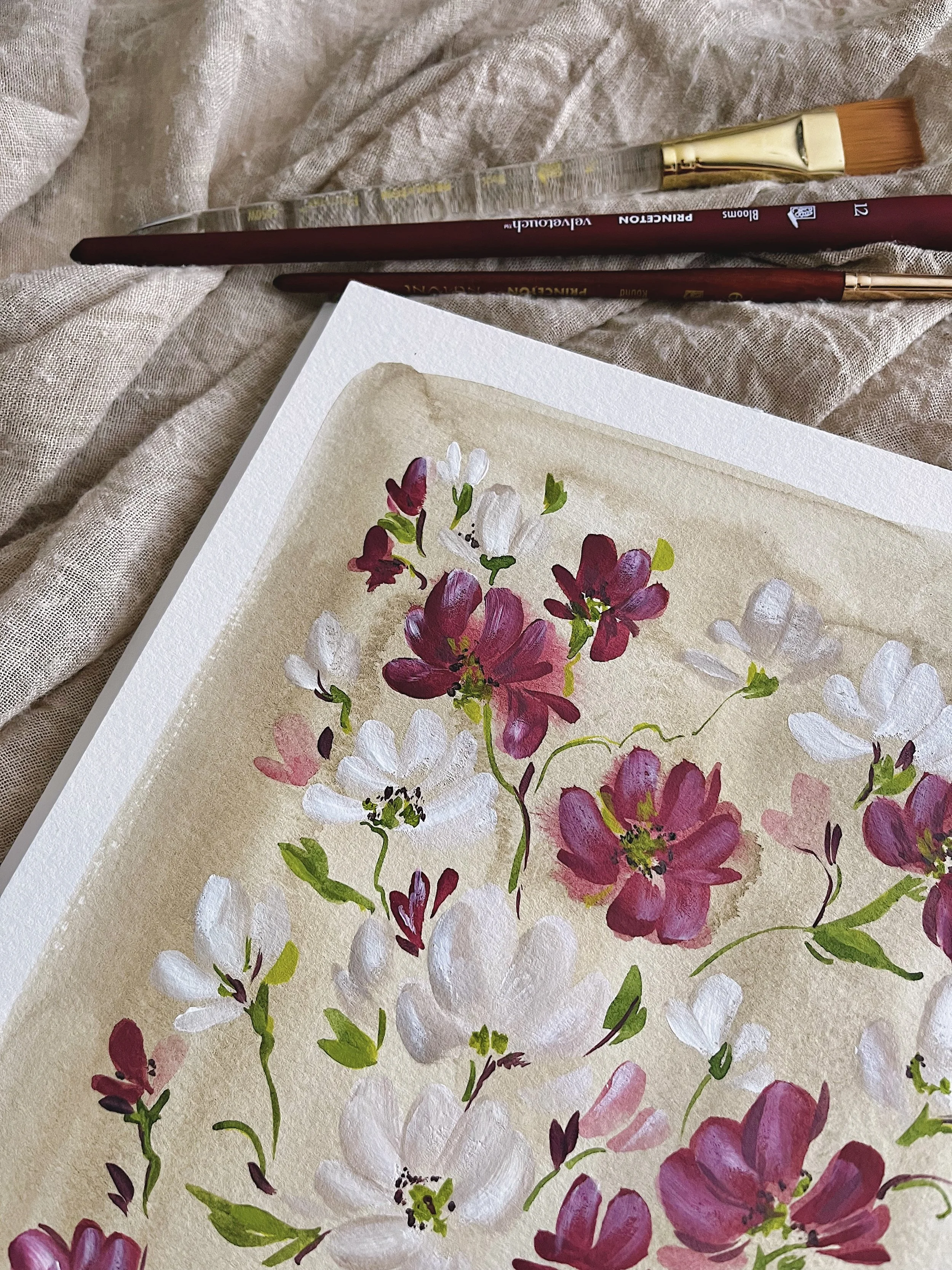 Burgundy taupe wildflowers art print