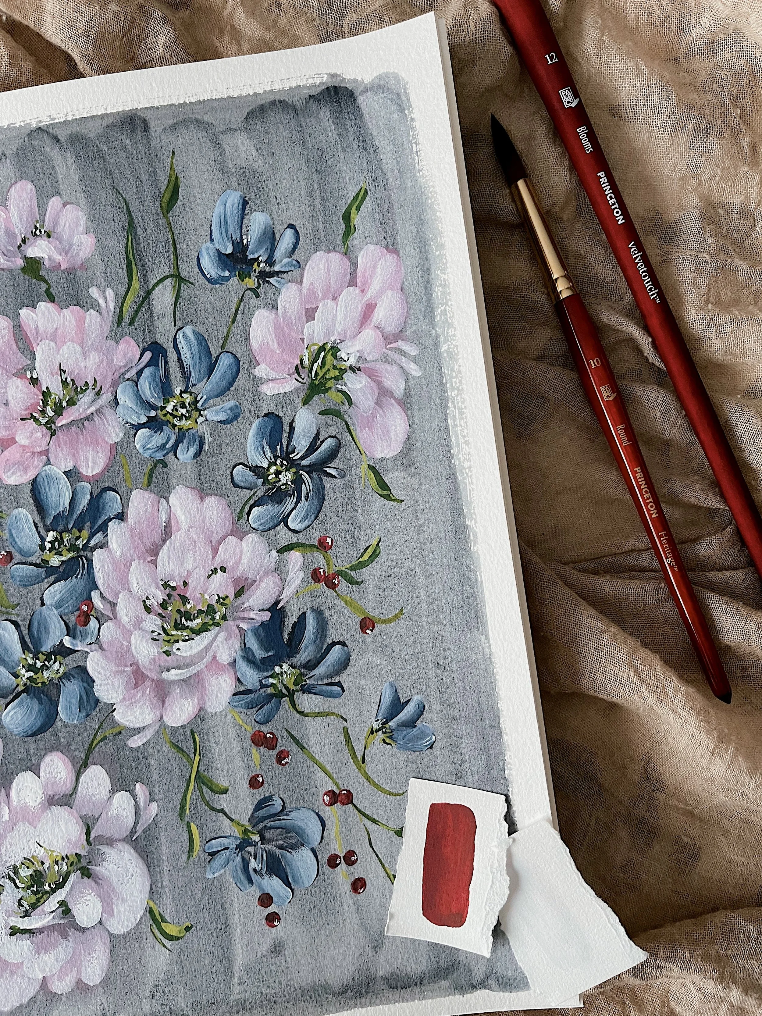 Pink peonies and wildflowers grey art print